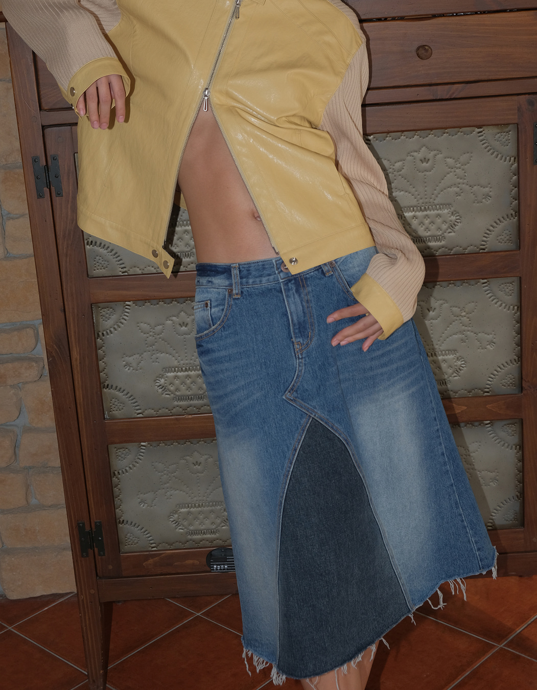 CONTRASTING WASHED DENIM SKIRT, BLUE - polysooem