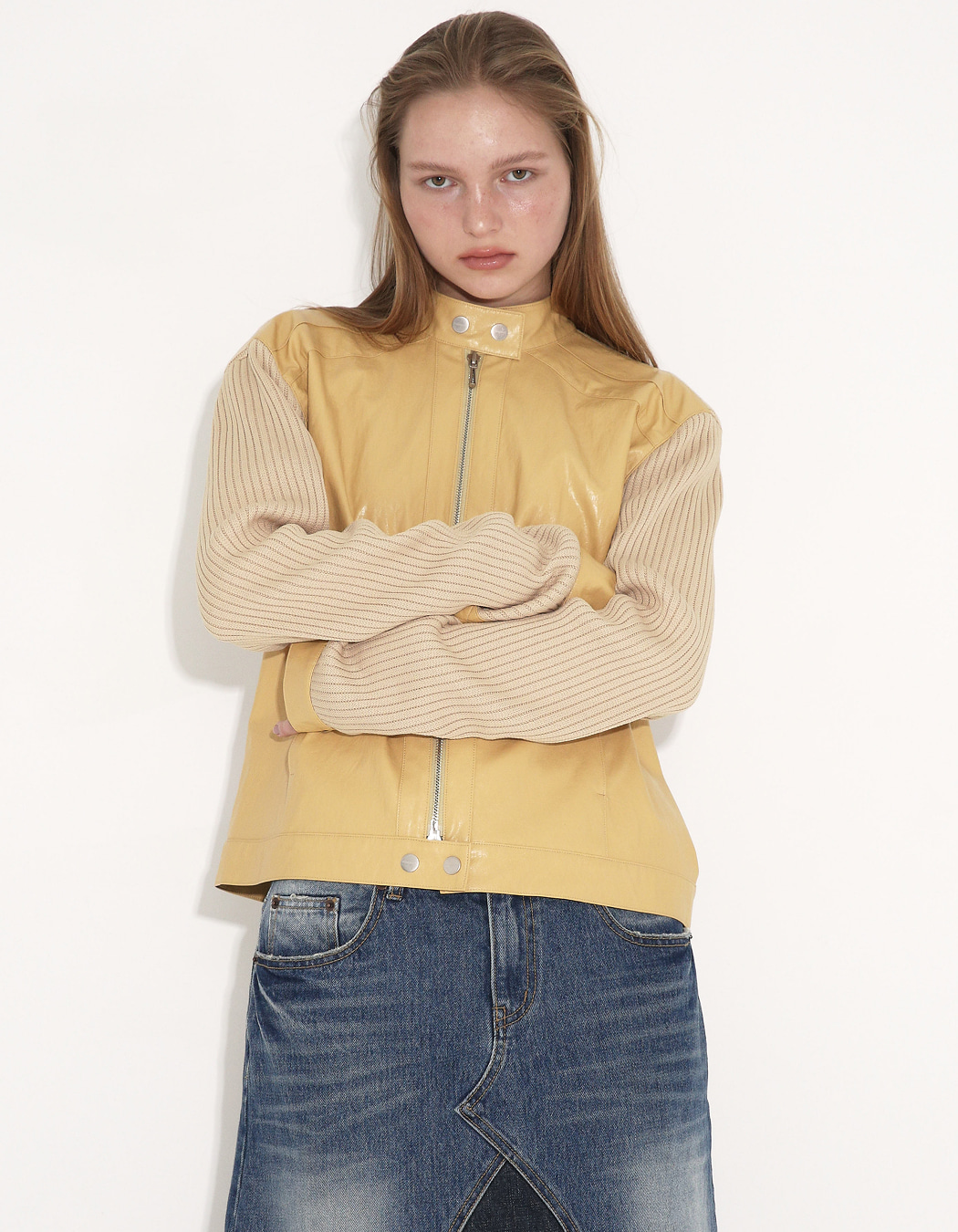 RIBBED PANEL BIKER JACKET, YELLOW - polysooem