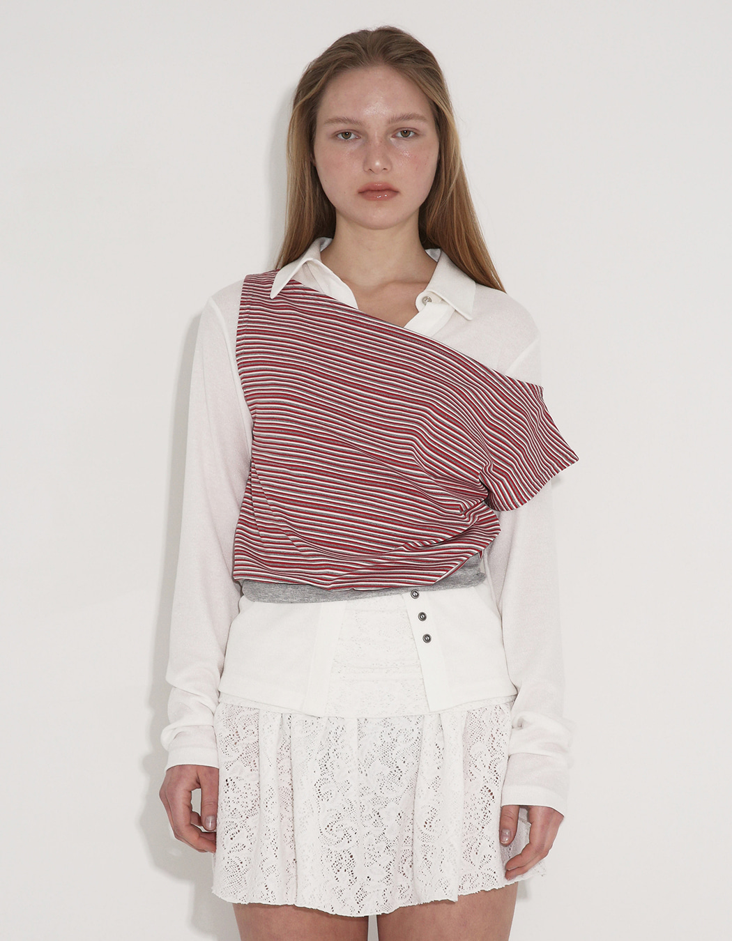 polysooem★韓国★人気★STRIPE ONE-SHOULDER TOP 2色 STRIPE ONE-SHOULDER TOP, RED - polysooem