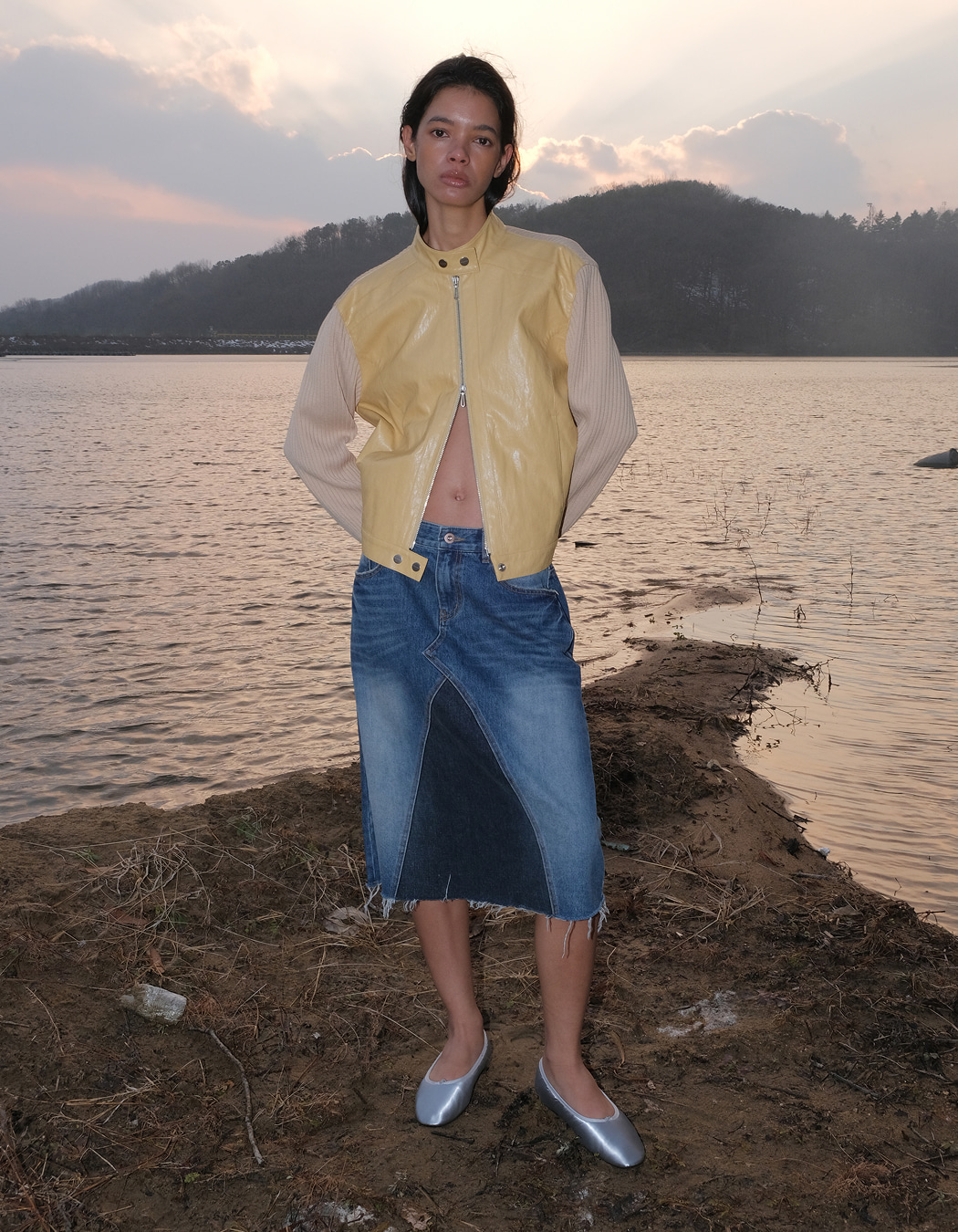 スカート Polysooem : 25SS / CONTRASTING WASHED DENIM SKIRT (BLUE) CONTRASTING WASHED DENIM SKIRT, BLUE - polysooem