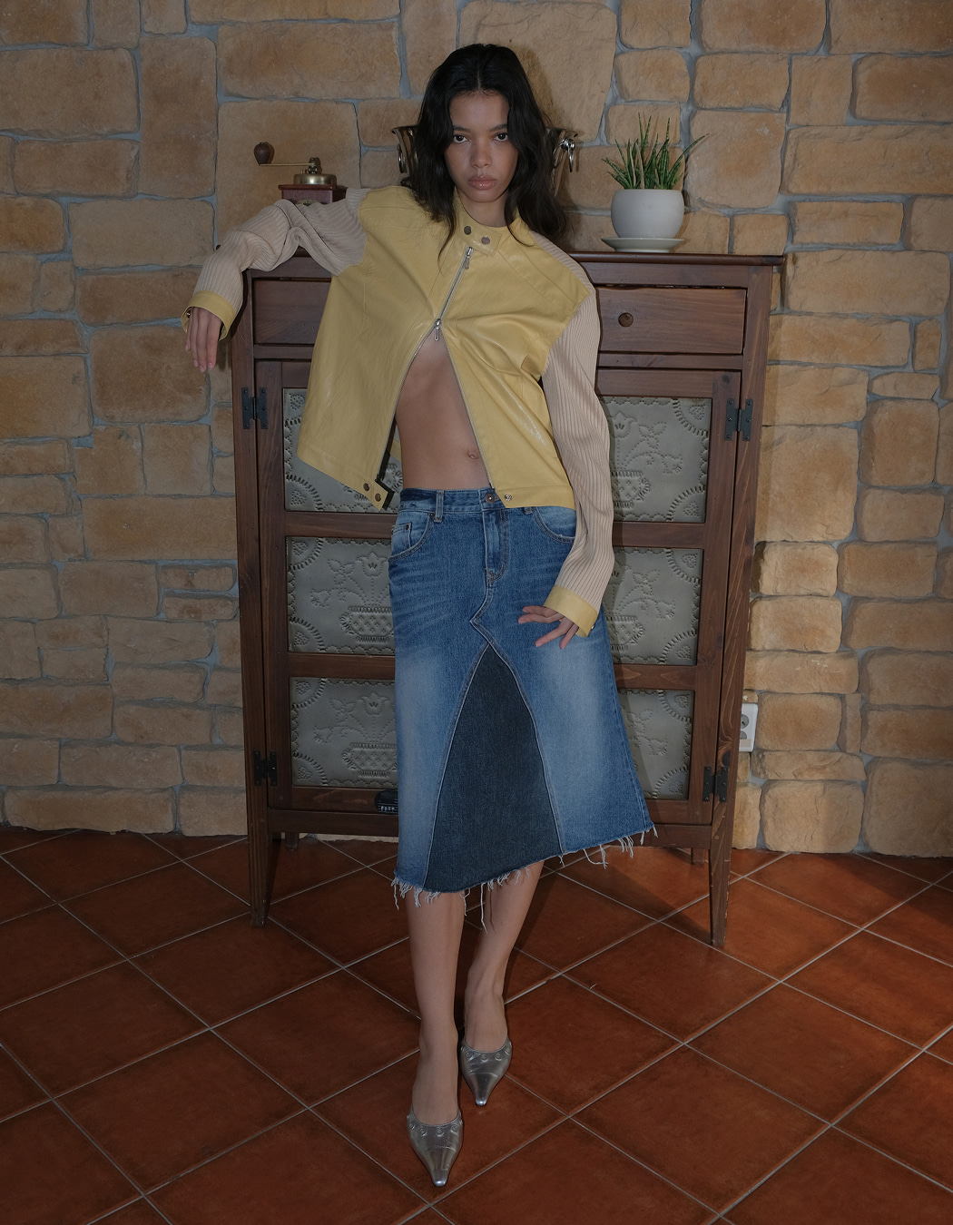 スカート Polysooem : 25SS / CONTRASTING WASHED DENIM SKIRT (BLUE) CONTRASTING WASHED DENIM SKIRT, BLUE - polysooem