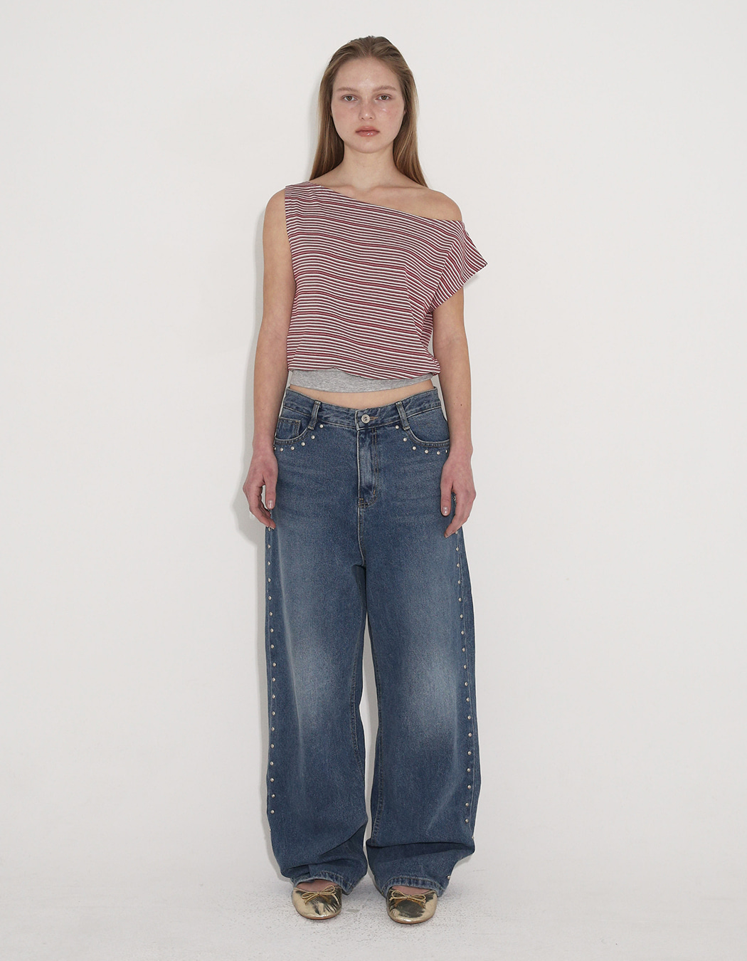 polysooem★韓国★人気★STRIPE ONE-SHOULDER TOP 2色 STRIPE ONE-SHOULDER TOP, RED - polysooem