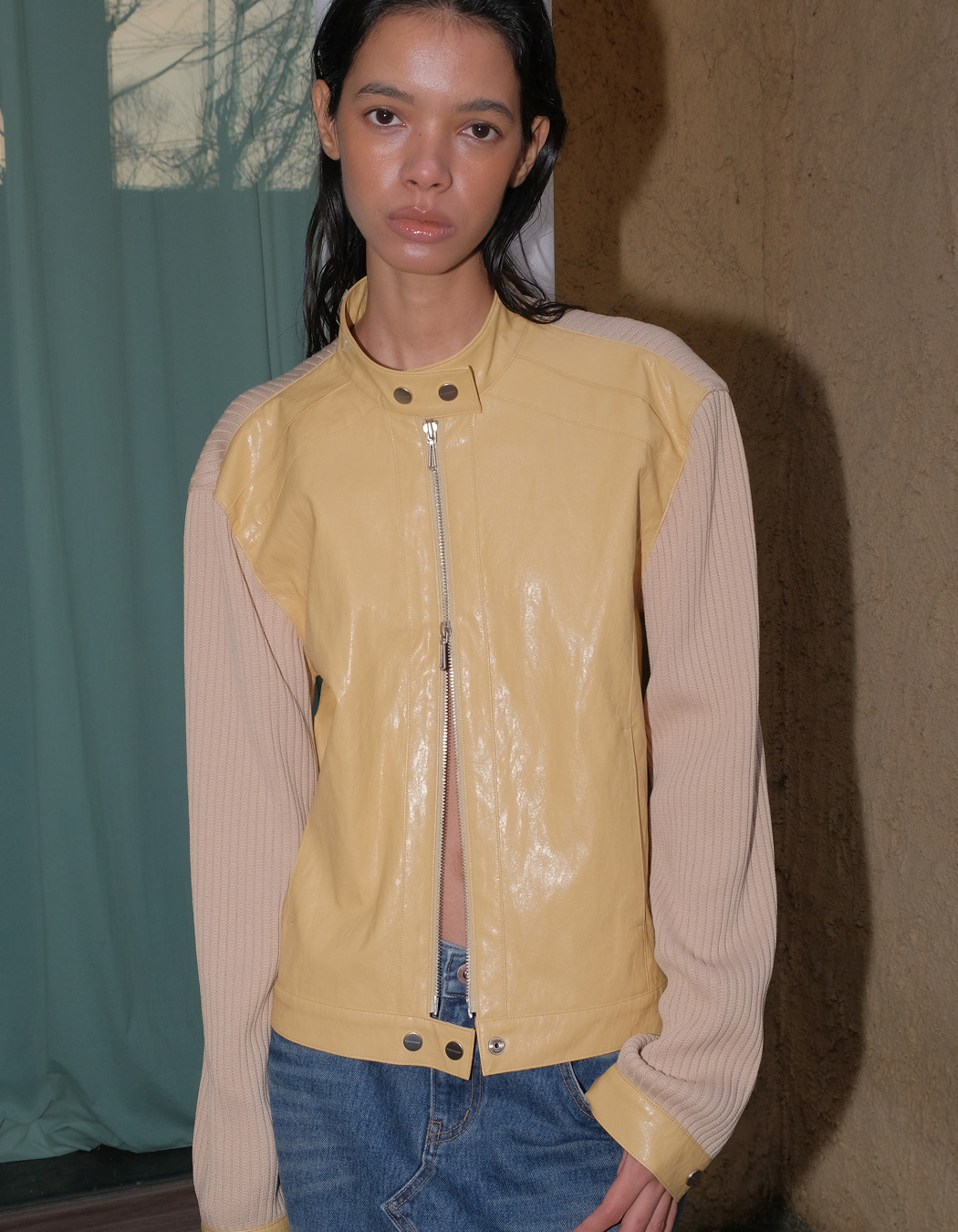 韓国商品/POLYSOOEM RIBBED PANEL BIKER JACKET Polysooem Ribbed Panel Biker Jacket - Yellow | International