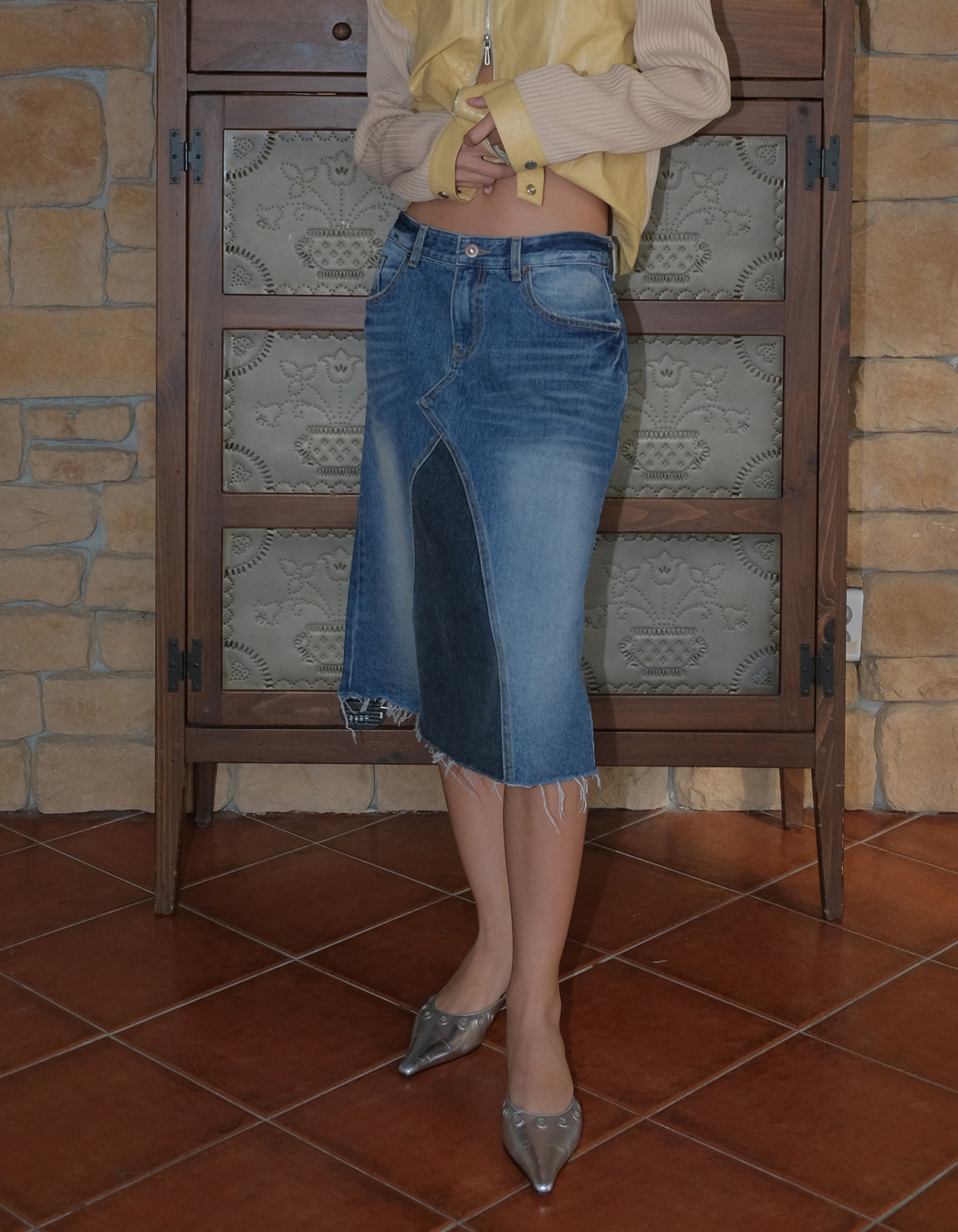 スカート Polysooem : 25SS / CONTRASTING WASHED DENIM SKIRT (BLUE) CONTRASTING WASHED DENIM SKIRT, BLUE - polysooem
