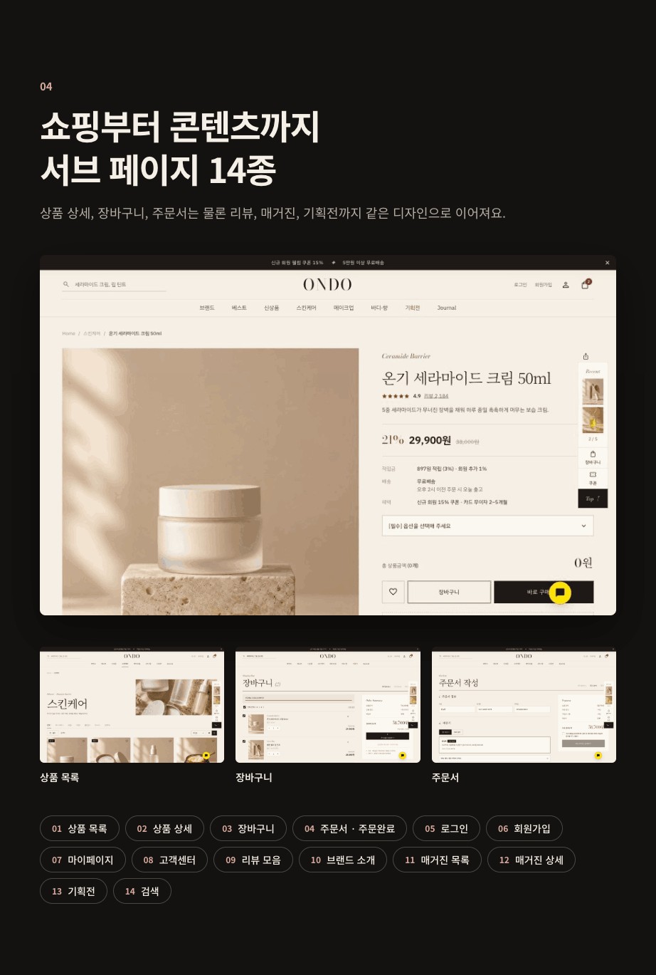 04 쇼핑부터 콘텐츠까지 서브 페이지 14종 — 상품 상세, 장바구니, 주문서는 물론 리뷰, 매거진, 기획전까지 같은 디자인으로 이어져요. 상품 목록, 상품 상세, 장바구니, 주문서와 주문완료, 로그인, 회원가입, 마이페이지, 고객센터, 리뷰 모음, 브랜드 소개, 매거진 목록, 매거진 상세, 기획전, 검색