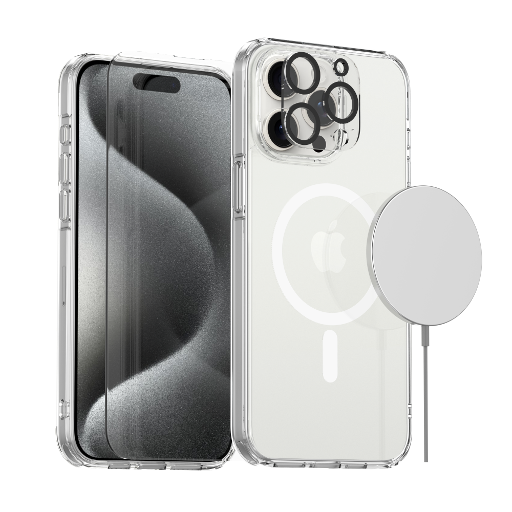 아이폰 15 프로 맥세이프 투명 케이스 강화유리 액정보호필름+카메라보호필름