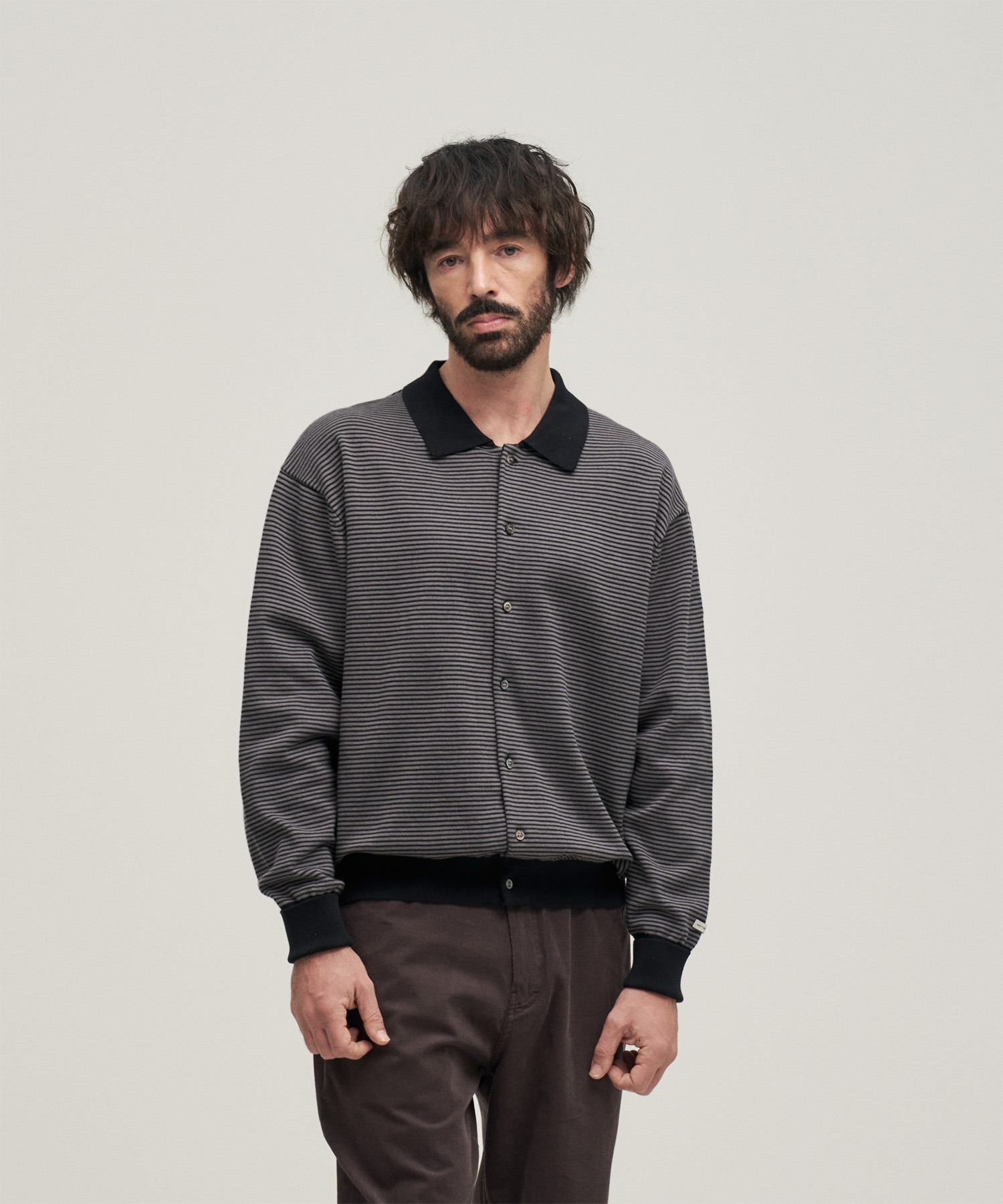 Scape Knit Polo Cardigan (Gray Navy Stripe) - 어나더오피스