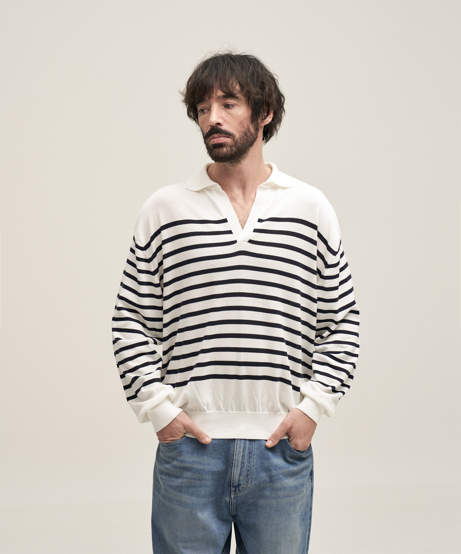 25SS · 15% Coupon] Sailor Silk Open-collar Knit (White-Navy