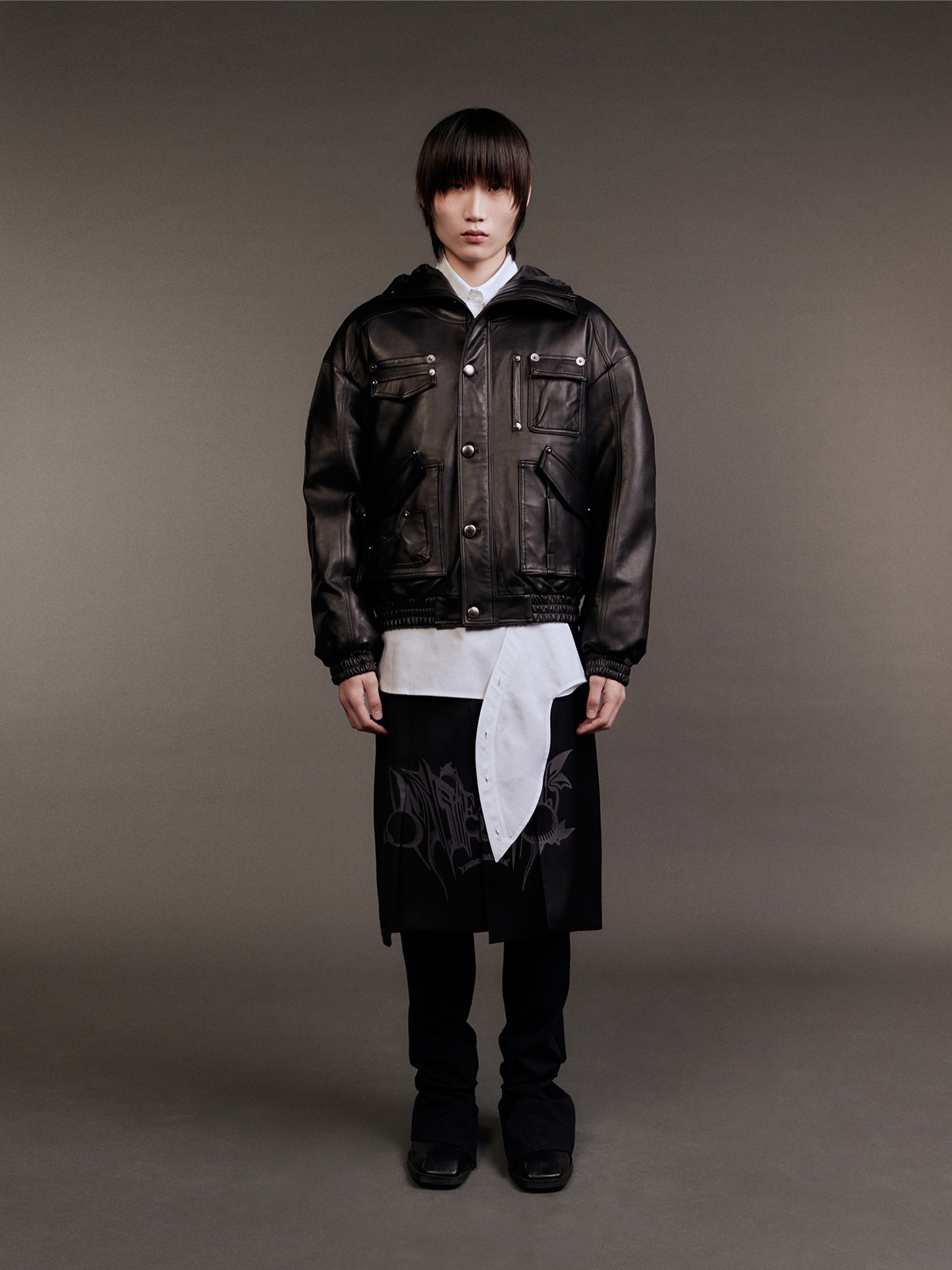 Leather Hood Bomber Jacket / Black