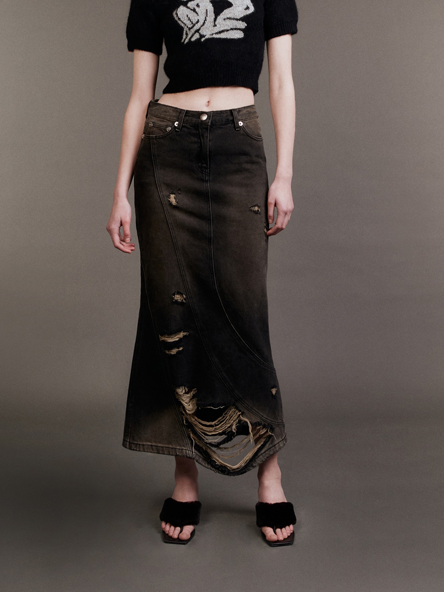 Damaged Denim Long Skirt / Black