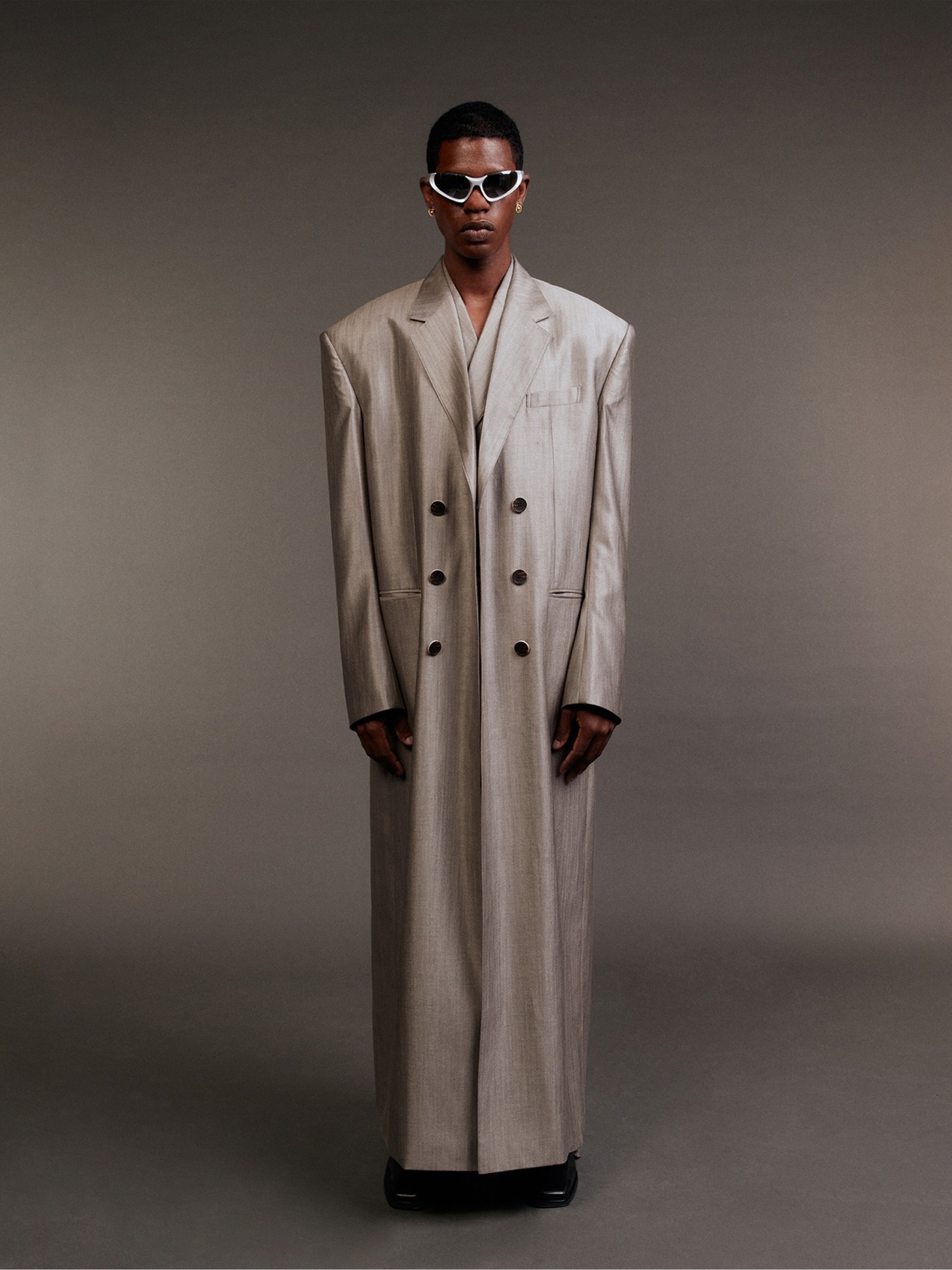 Wool Silk Double-Breasted Maxi Coat / Silver