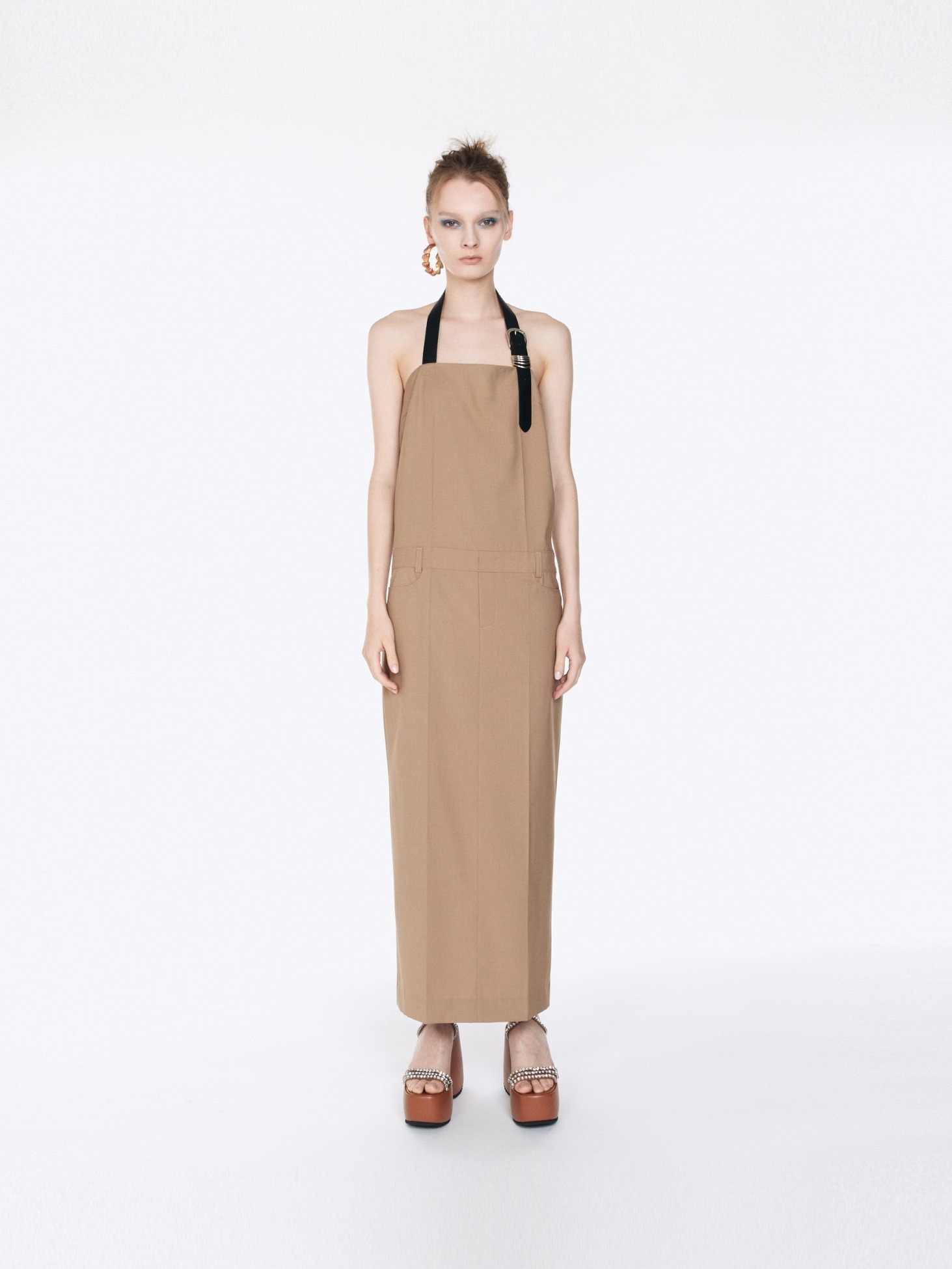 Belted Halter-Neck Long Dress / Beige
