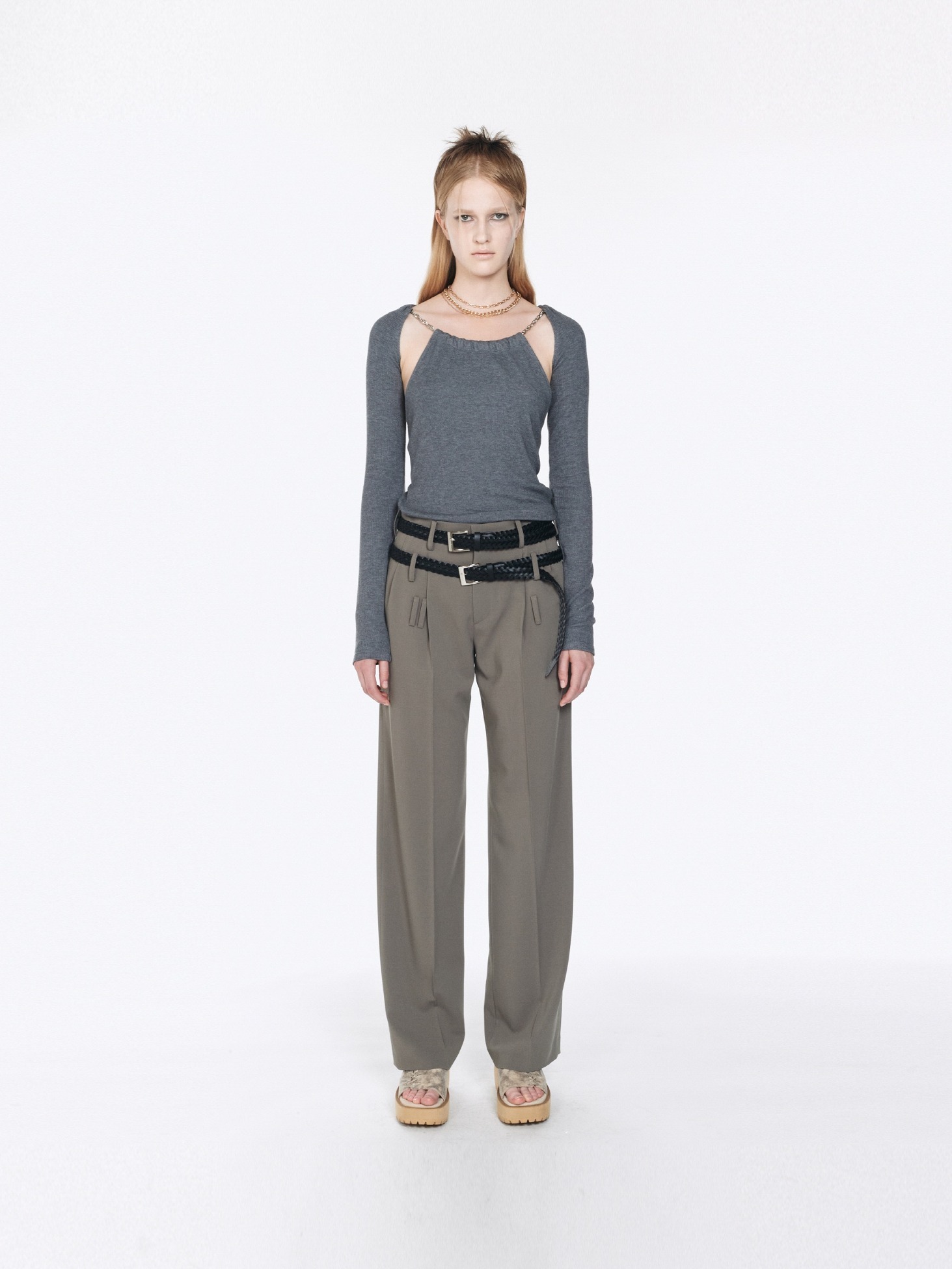 Chain Cut-Out Long Sleeve Top / Grey