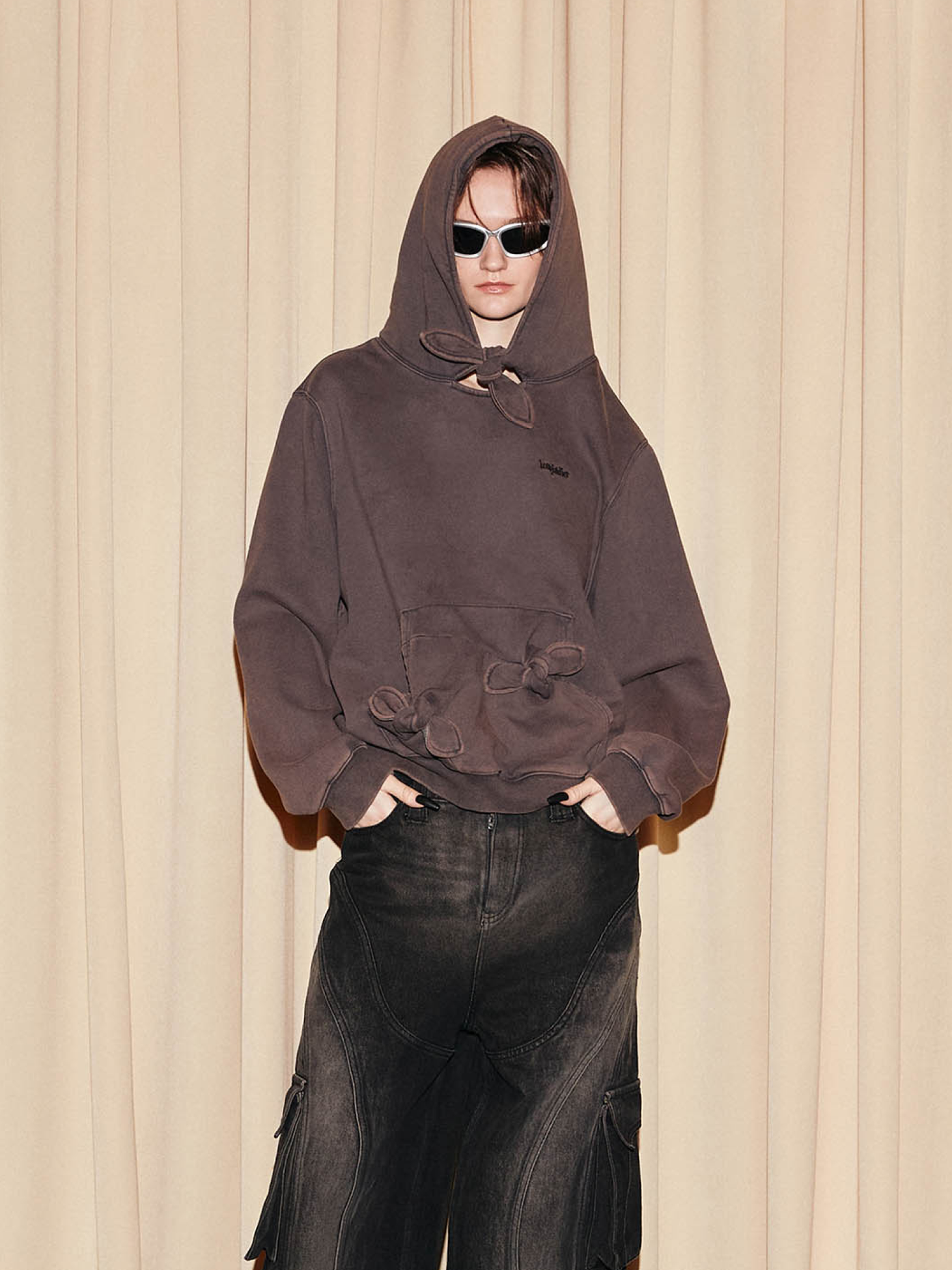 Washed ribbon hoodie / Brown