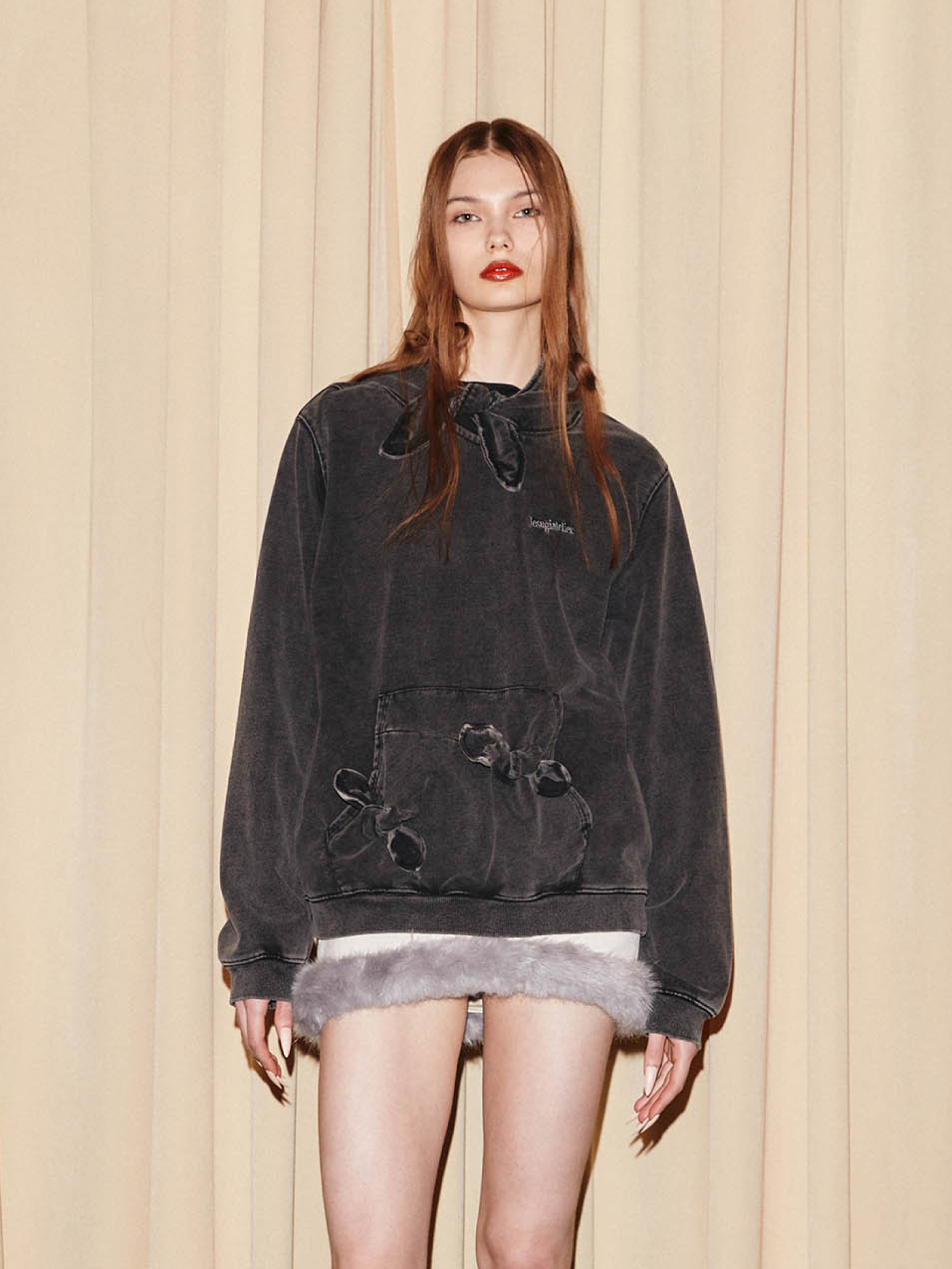 Washed denim ribbon hoodie / Grey
