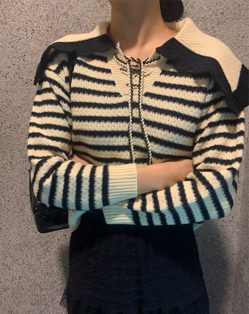 Sailor Collar Knit Jacket / Paid Skirt EZK0073