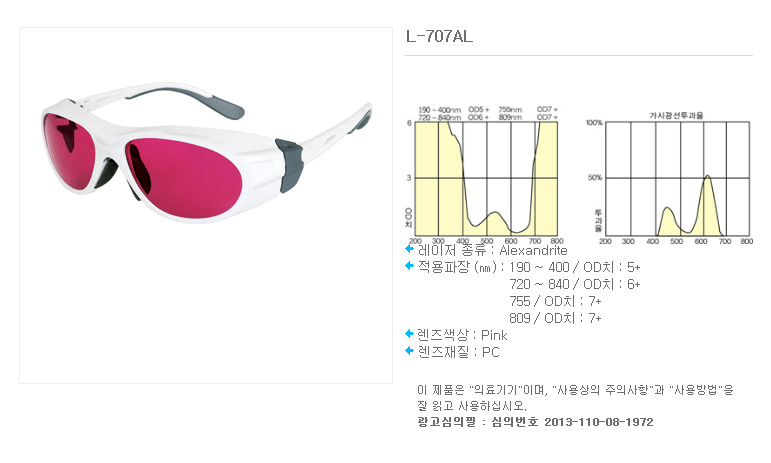 피부과 레이저 보안경 L-707AL(알렉산드라이트) 상세이미지 1
