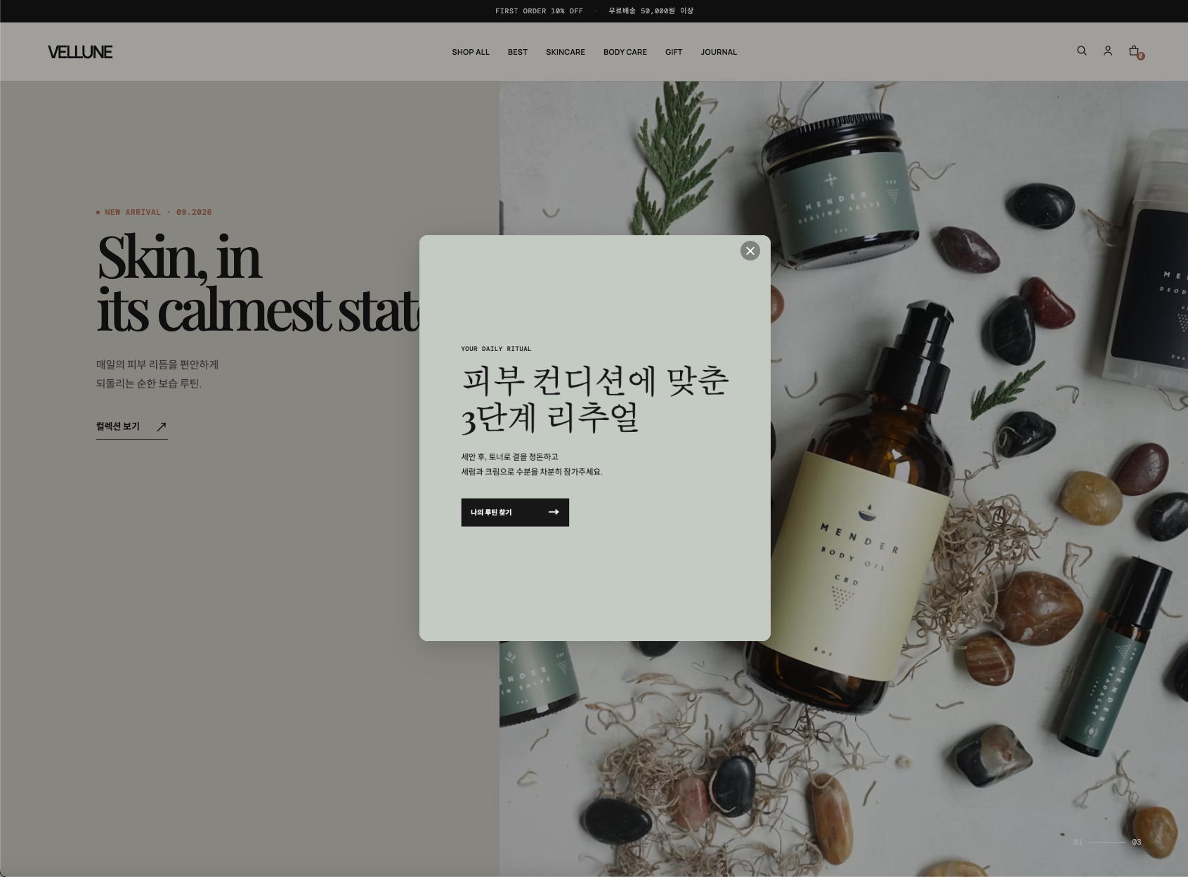 오너플로우 팝업이 실제 쇼핑몰에 적용된 화면