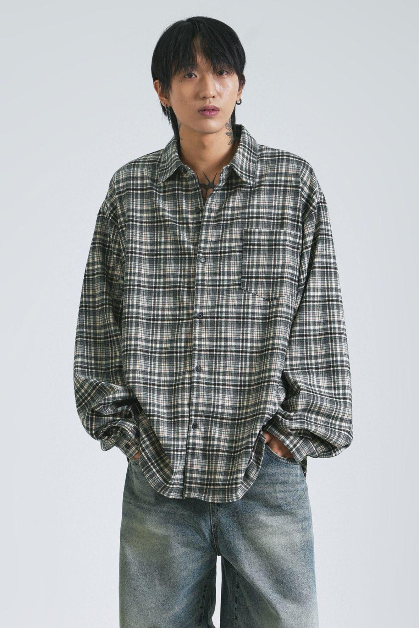 [送料込] Sheer Hood Check Shirt (2color) Graphpaper Sheer Check Oversized Regular Collar Shirt / Band