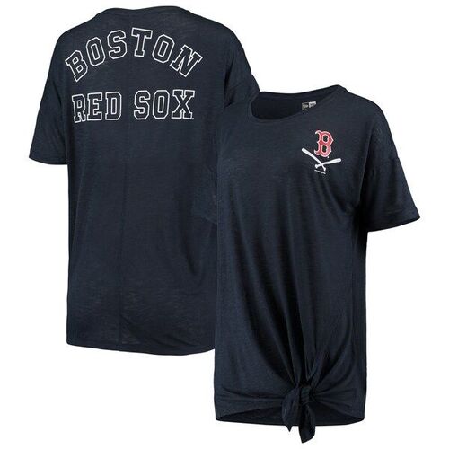 보스턴 레드삭스 뉴에라 여성 슬럽 저지 스쿱넥 사이드 타이 티셔츠 - 네이비 / New Era