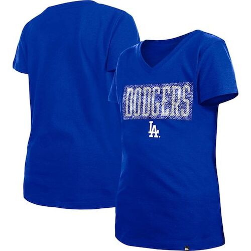 로스앤젤레스 다저스 뉴에라 걸스 유스 플립 시퀸 팀 브이넥 티셔츠 - 로얄 / New Era