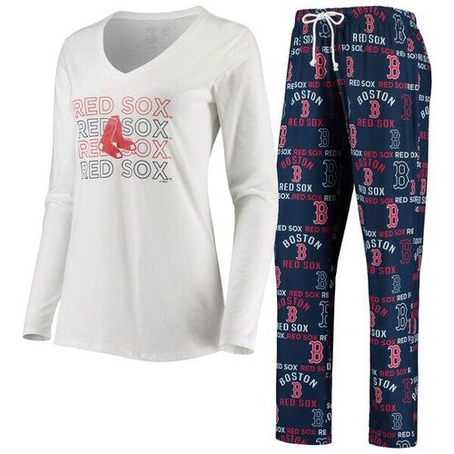 보스턴 레드삭스 컨셉트 스포츠 여성 플래그십 긴팔 브이넥 티셔츠 &amp; 팬츠 수면세트 - 화이트/네이비 / Concepts Sport