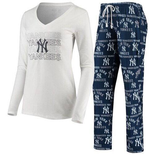 뉴욕 양키즈 컨셉트 스포츠 여성 플래그십 긴팔 브이넥 티셔츠 &amp; 팬츠 수면 세트 - 화이트/네이비 / Concepts Sport