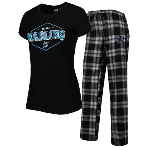 마이애미 말린스 컨셉트 스포츠 여성 뱃지 티셔츠 &amp; 파자마 팬츠 수면 세트 - 블랙/그레이 / Concepts Sport
