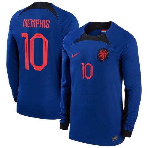 멤피스 데파이 네덜란드 대표팀 나이키 2022/23 어웨이 브레스 스타디움 레플리카 플레이어 긴팔 저지 - 블루 / Nike