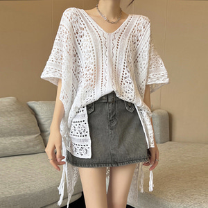 Cherry Blossom Spring Summer Daily Women&#039;s High Quality Punching Point See-Through Long Knit T-Shirt