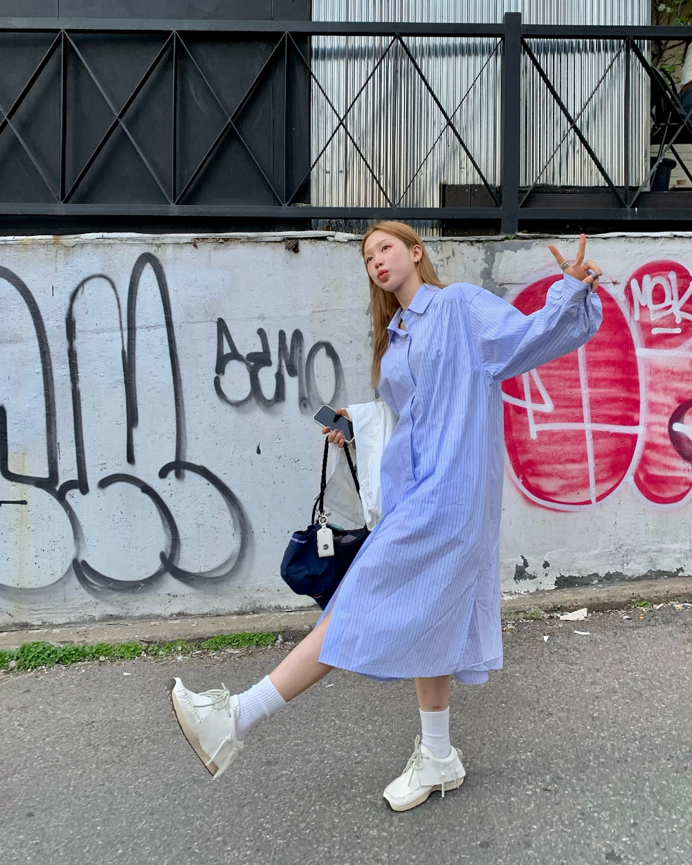 original]Striped Shirts Dress (Blue) | ファッション通販