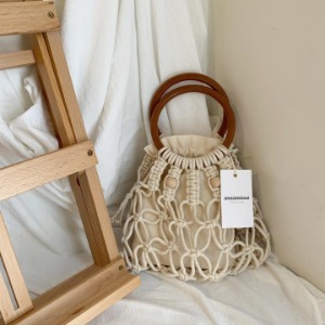 Macrame Wood Handle Beaded bag 編織木環珠珠手提包（附內裡袋）