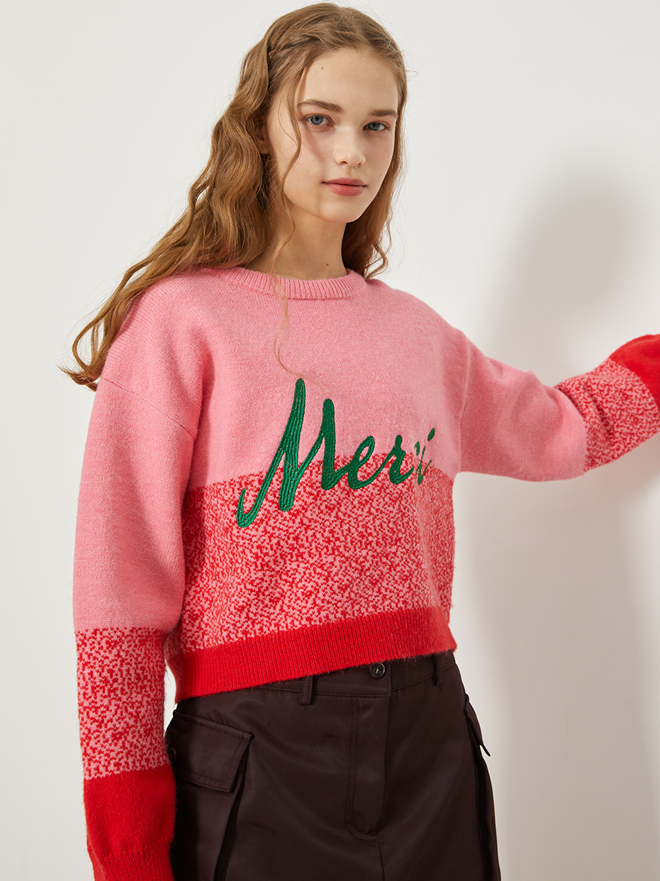 Merci Embroidery Color-Block Cropped Pullover