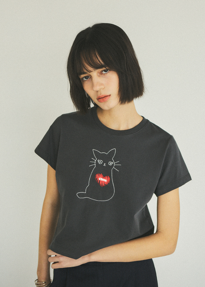 Love Cat Needle Stitch Crop T-shirt _CTT313(Charcoal Grey)