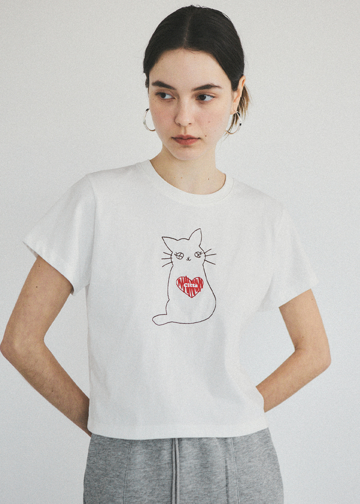 Love Cat Needle Stitch Crop T-shirt _CTT313(White)