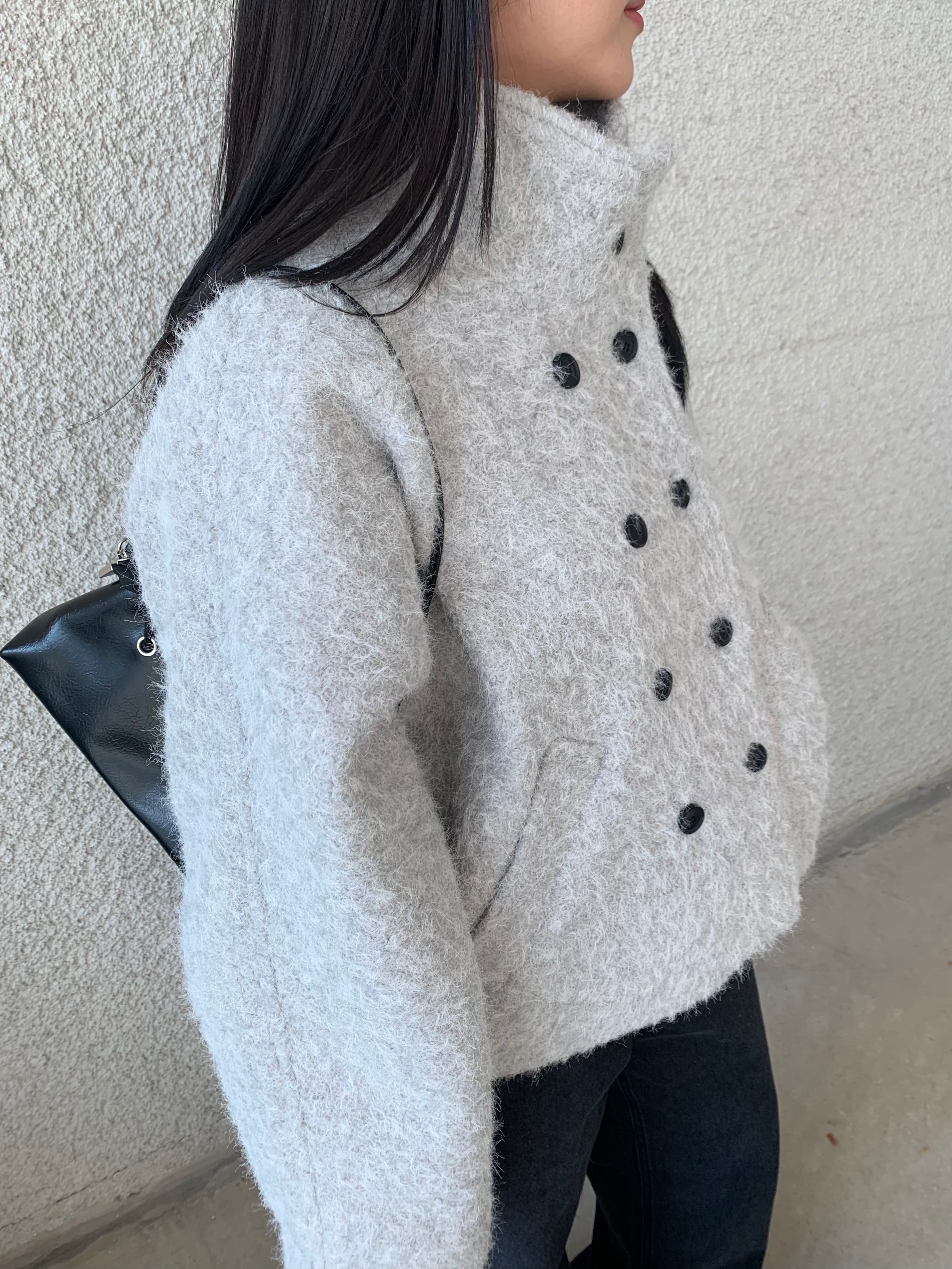 (2 color) 하이넥 부클 숏 코트  High-neck boucle short knitwear 상세 이미지 7