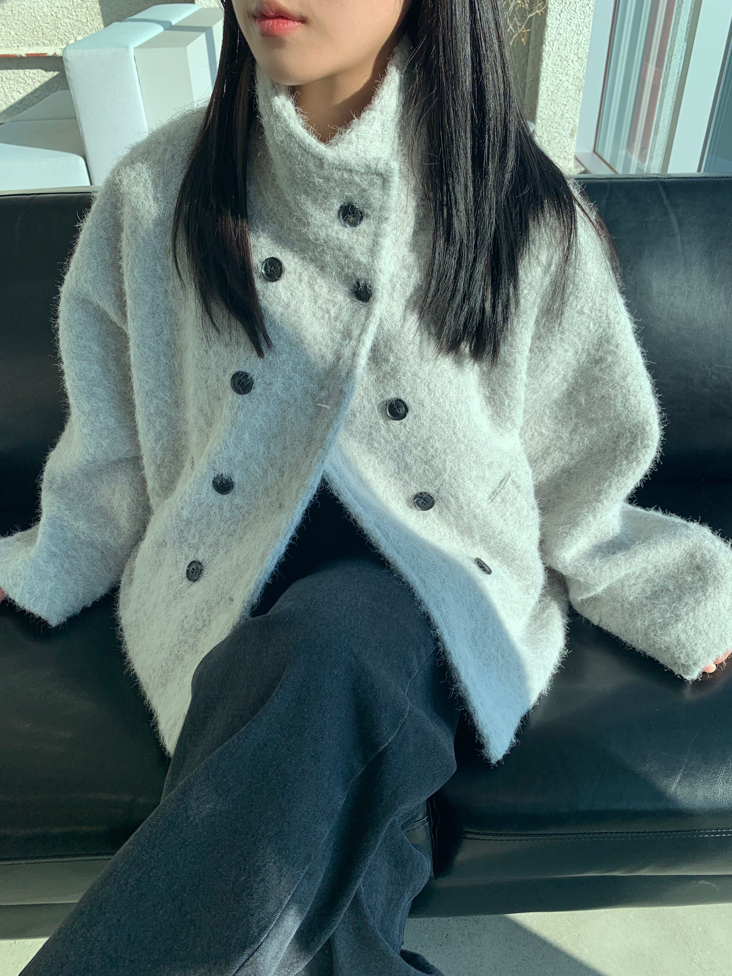(2 color) 하이넥 부클 숏 코트  High-neck boucle short knitwear 상세 이미지 12
