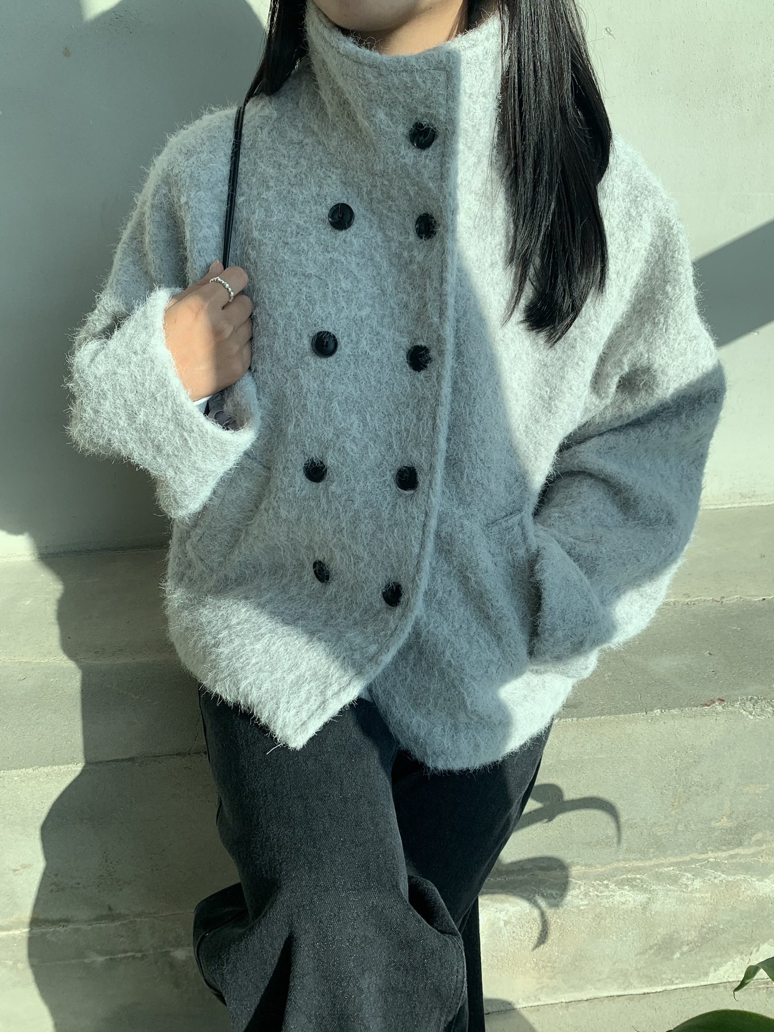 (2 color) 하이넥 부클 숏 코트  High-neck boucle short knitwear 상세 이미지 5