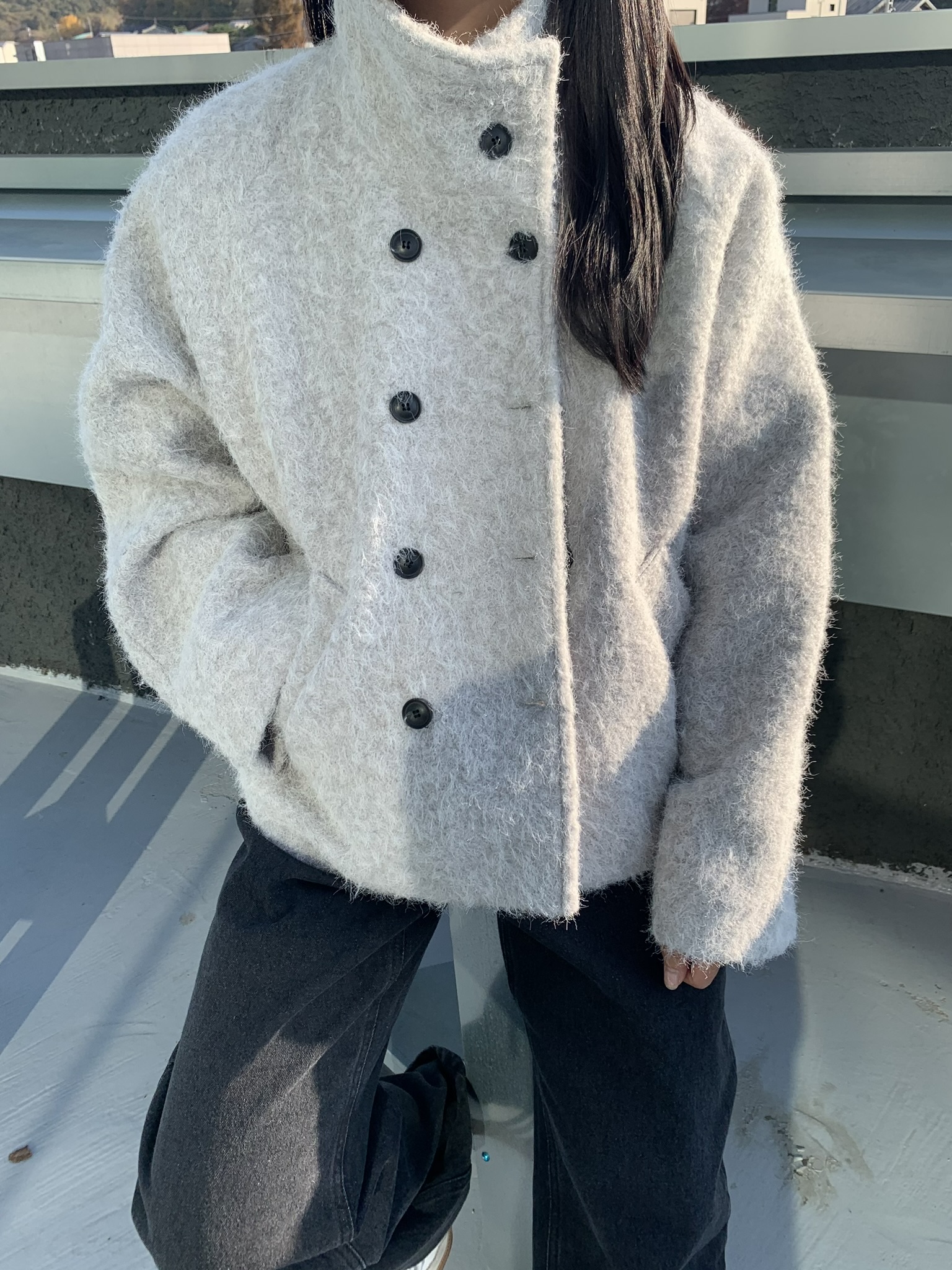 (2 color) 하이넥 부클 숏 코트  High-neck boucle short knitwear 상세 이미지 13