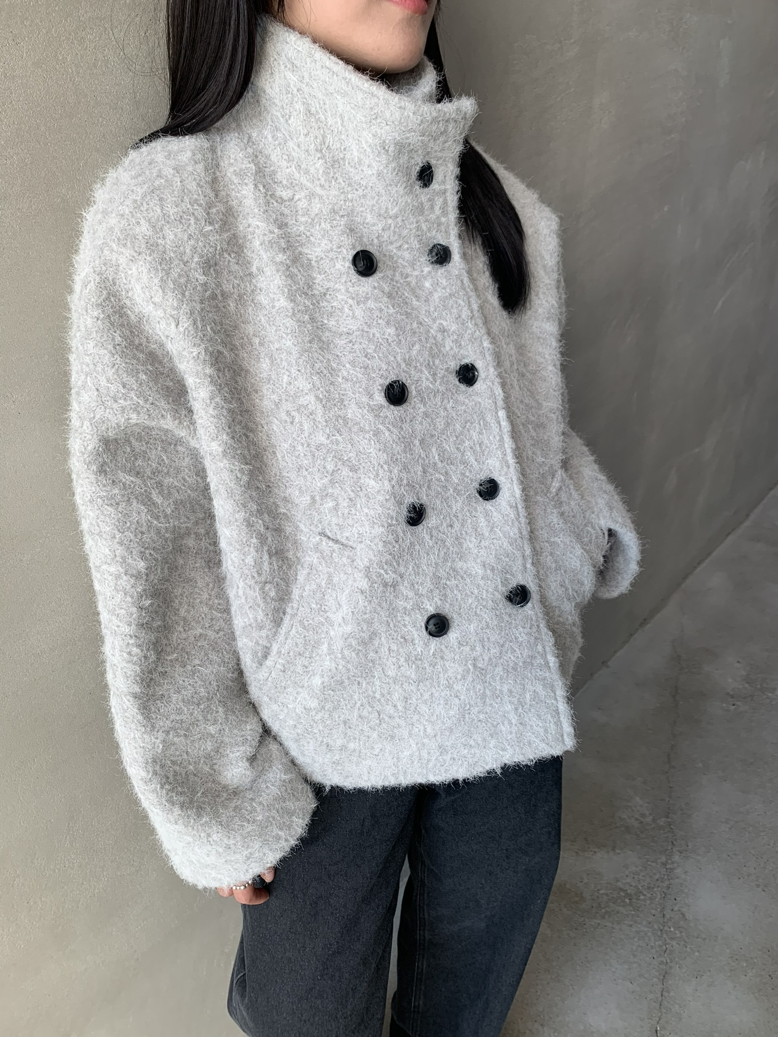 (2 color) 하이넥 부클 숏 코트  High-neck boucle short knitwear 상세 이미지 8