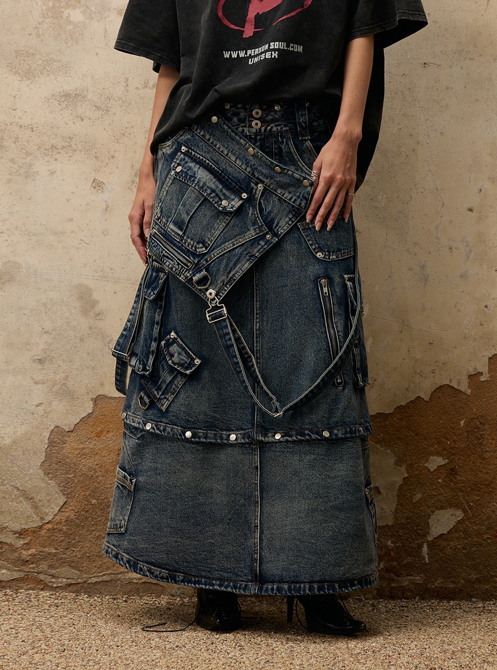 PERSONSOUL] Maxi Denim Dungarees Skirt - 430 ARCHIVE