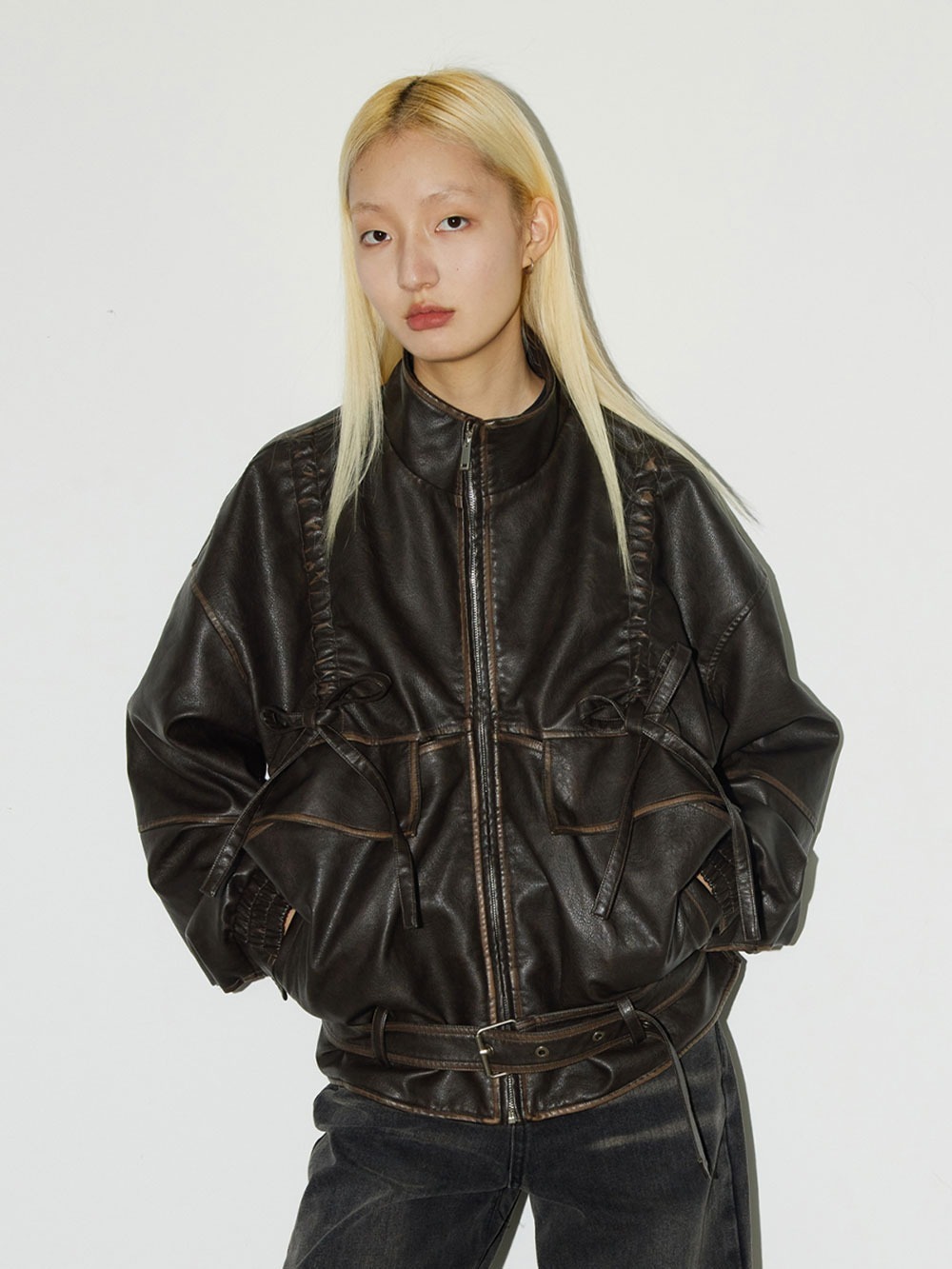 [CONP] oversized leather Belted jacket