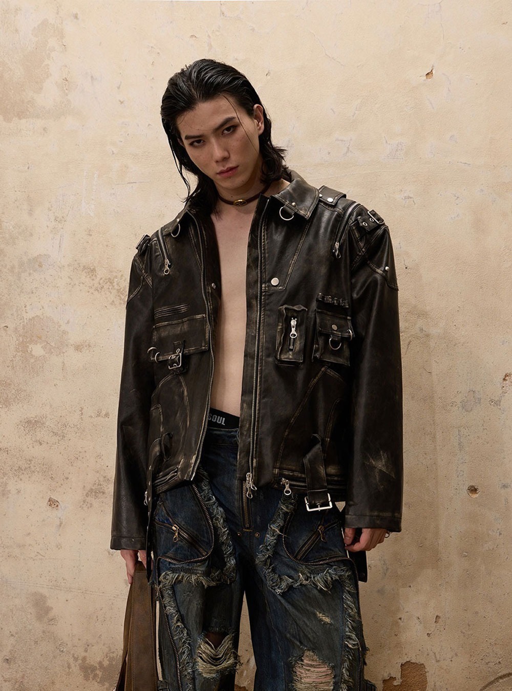 PERSONSOUL Leather Totem Coat レザージャケット 비엑세스 | [PERSONSOUL] PUNK Leather Jacket - 유니크한