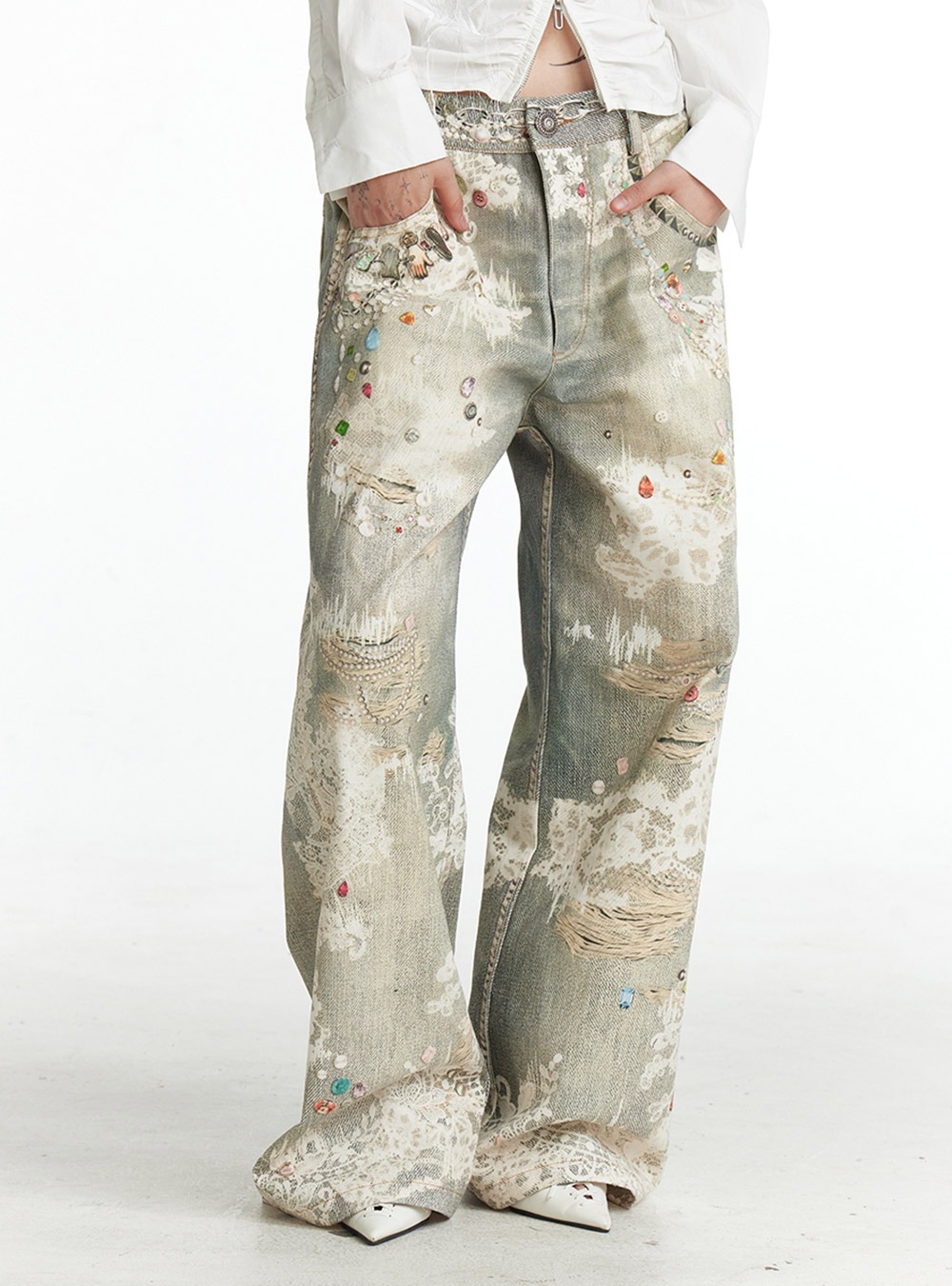 DND4DES x FayChui] Floral Print Denim Pants - BCAESAR