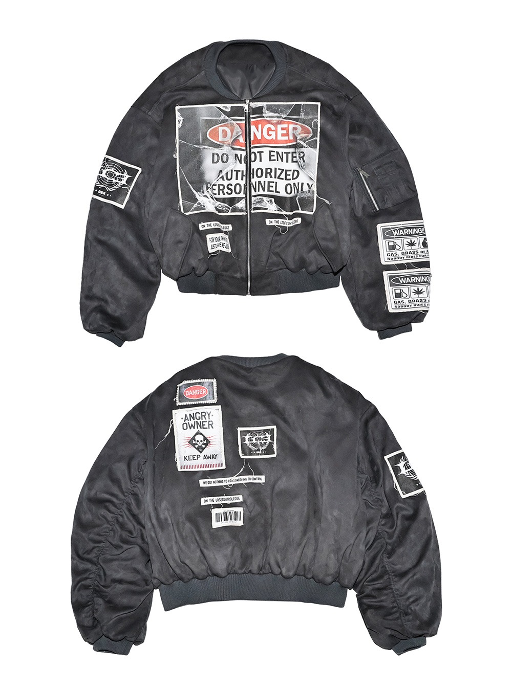 送料関税込 【LCE】 Gray-Blue Bomber Jacket with Patches LCE] Gray-Blue Bomber Jacket with Warning Patches - BCAESAR