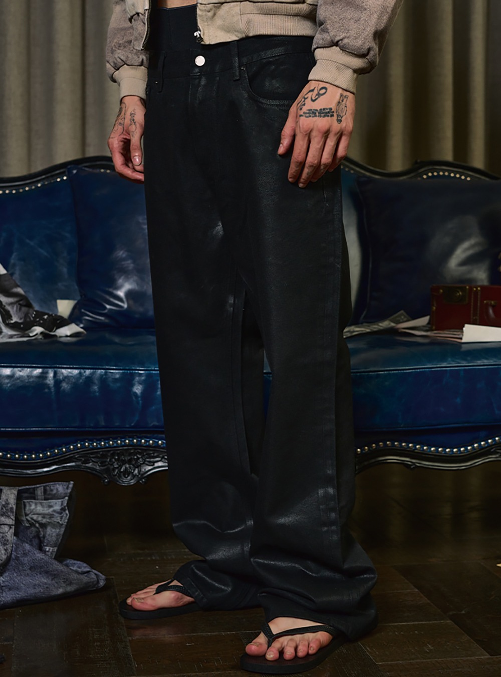 パンツ wanna black denim WANNA LAB] Waxed Black Bootcut Denim Pants - BCAESAR