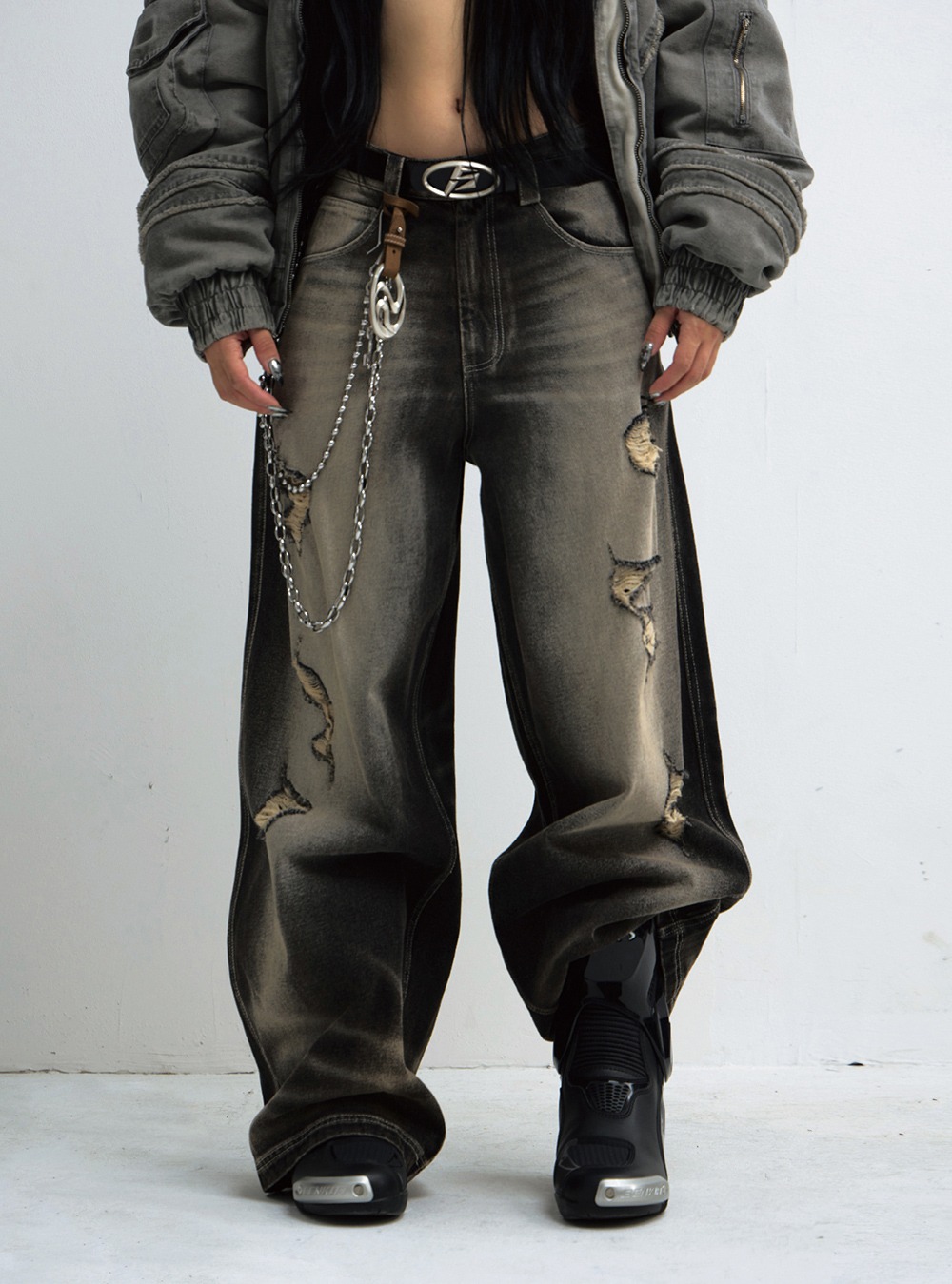 PEOPLESTYLE] Distressed Wide-Leg Denim Pants - BCAESAR