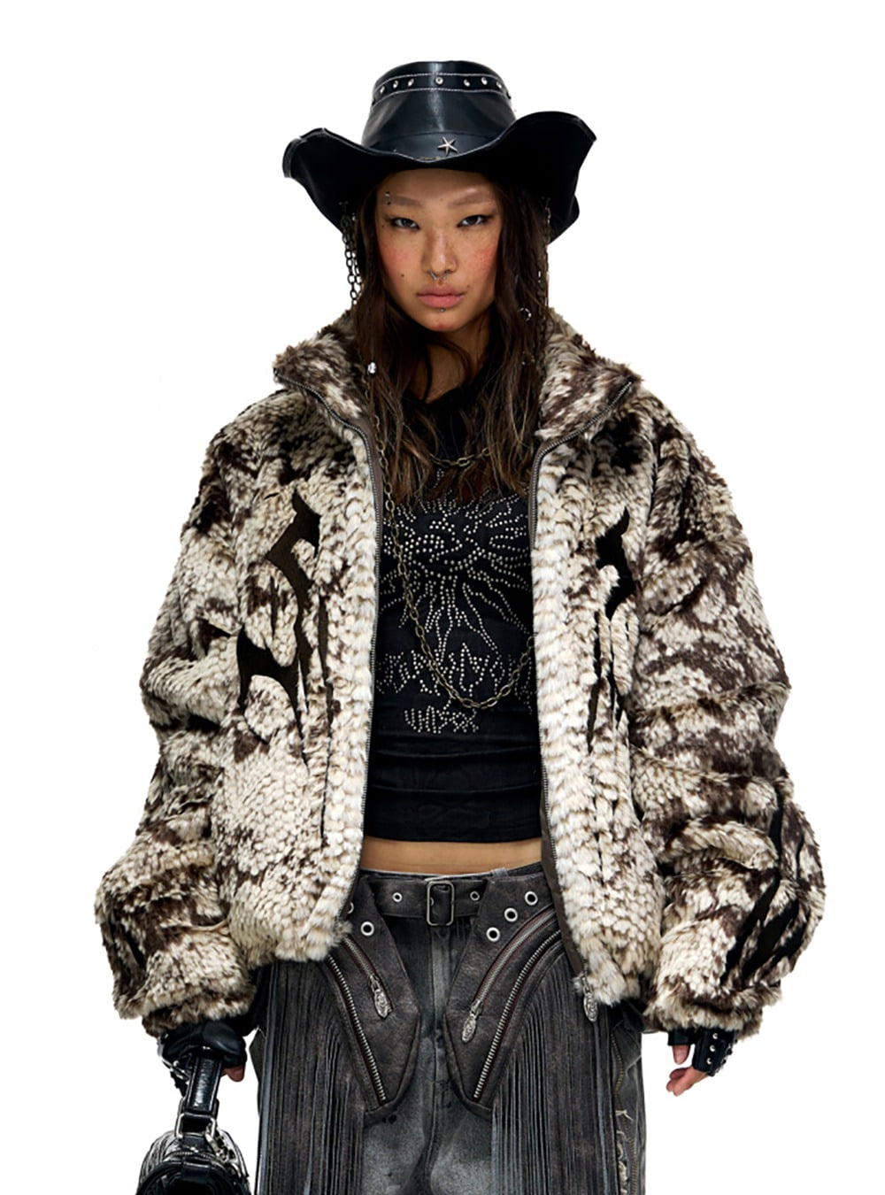 PERSONSOUL] Snake Pattern Faux Fur Jacket | 비엑세스