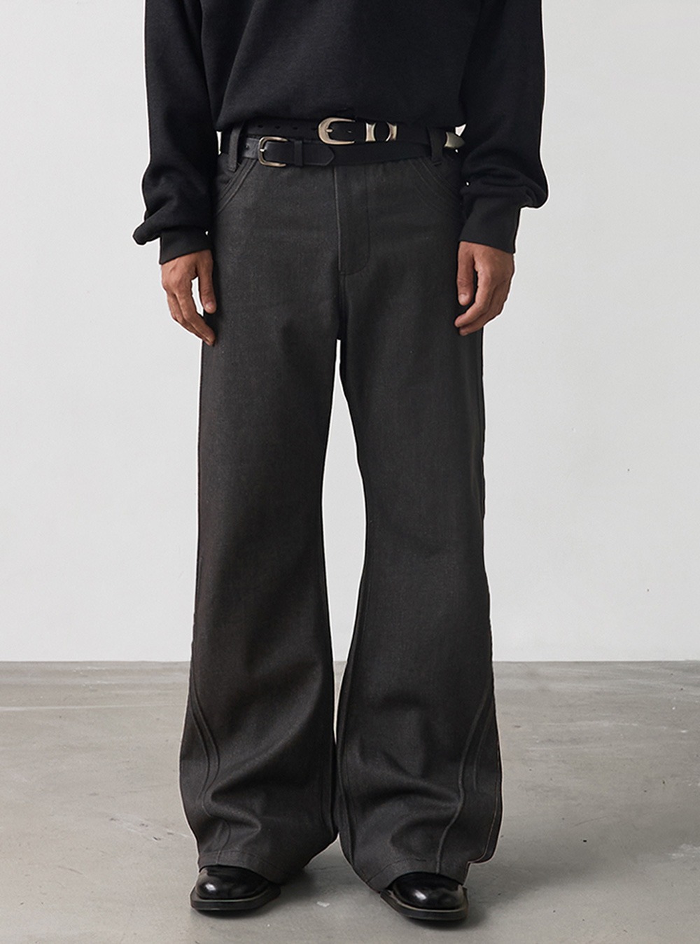 ワイドスラックス ダークグレー ボタンデザイン Slight Vogue Slight Vogue] Classic Wide-Leg Grey Denim Pants - BCAESAR