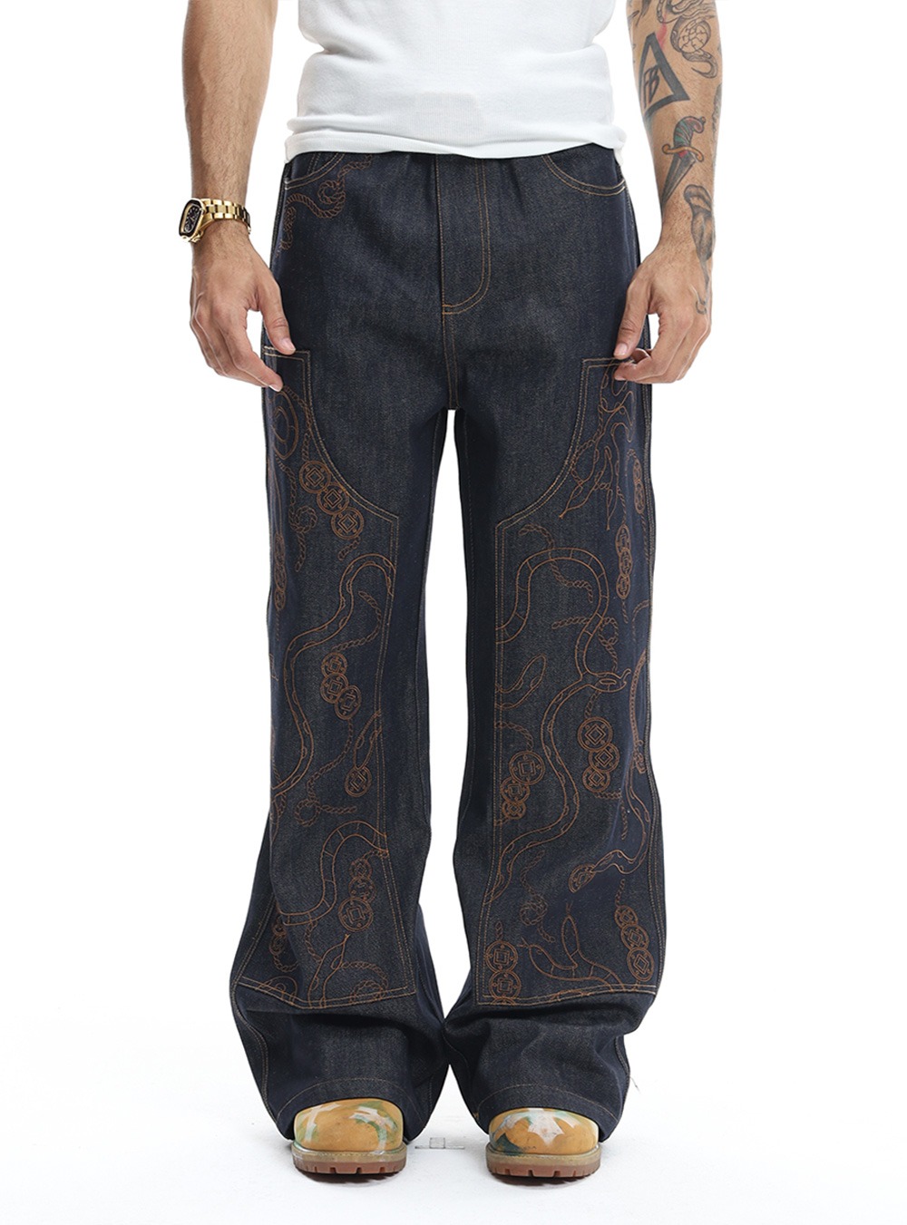 Embroidered Raw Denim Pants - BCAESAR